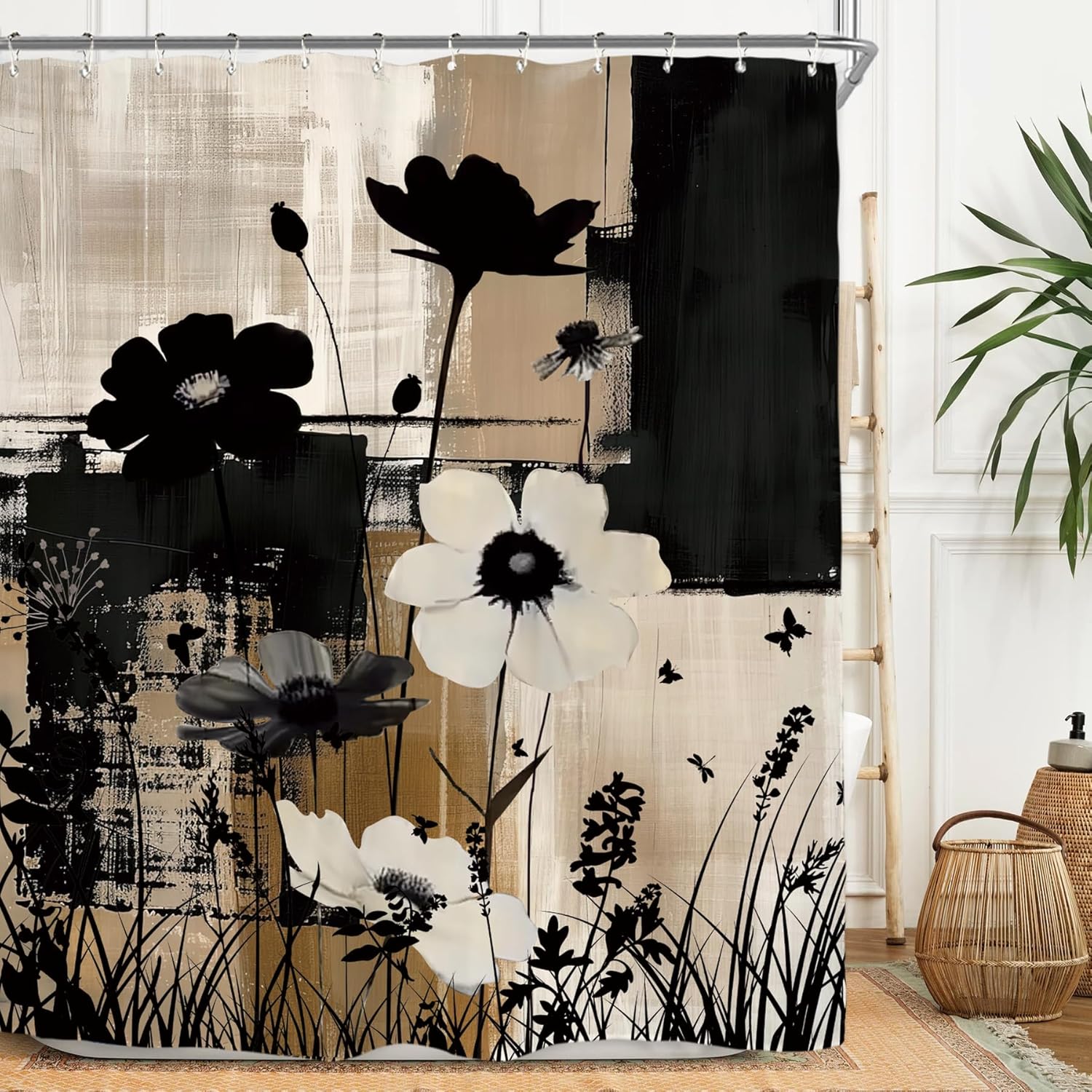 Miyotaa Abstract Modern Plant Flower Shower Curtain Set 60Wx71H Inches Black Tan Contemporary Minimalist Brushstroke Botanical Art Waterproof Bathroom Curtain with 12 Hooks 60Wx71H Brushstroke Plant