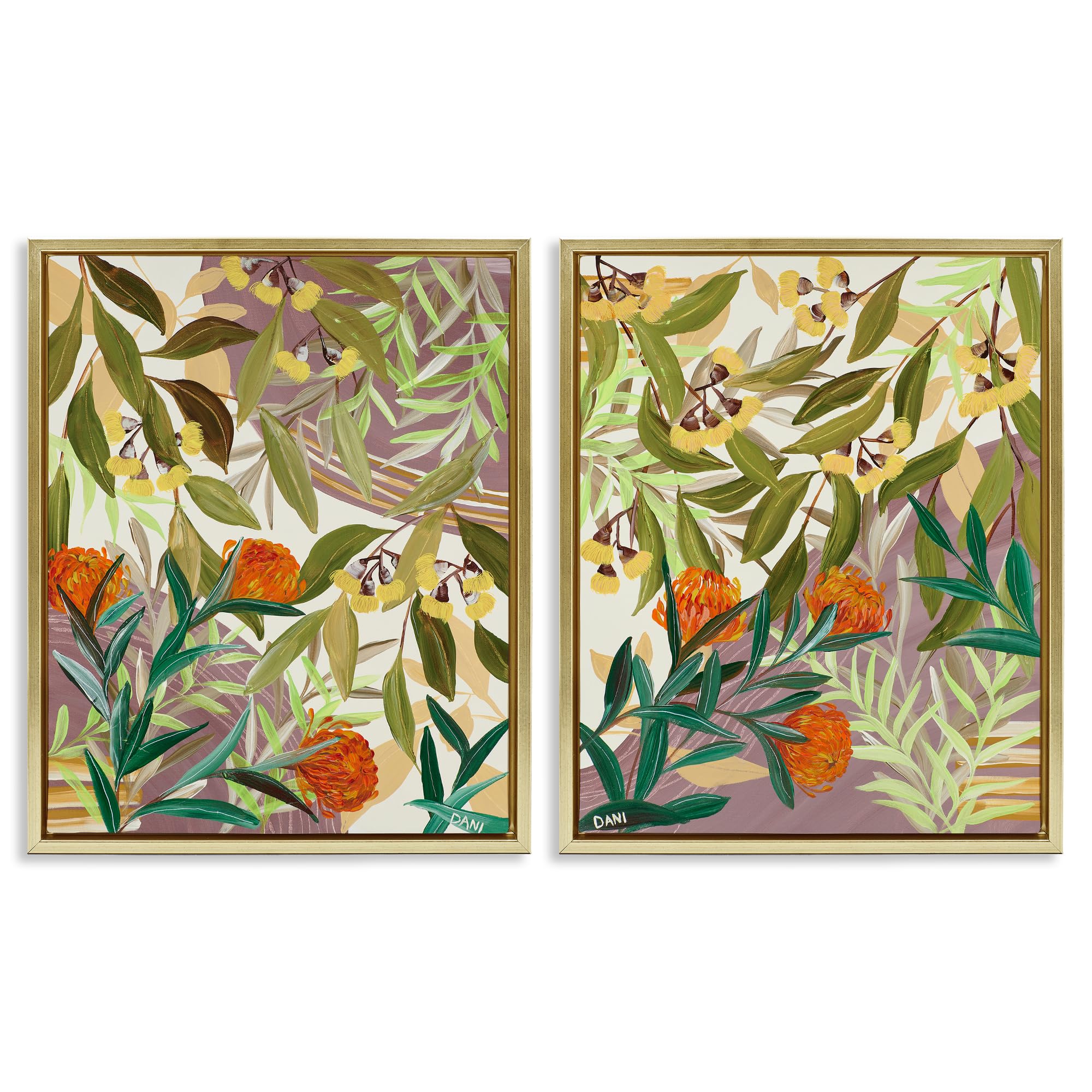 Stupell Industries Tropical Botanical Floral Painting 'Walk With Me Botanicals', 2Pc Floating Frame Art Set 2, Gold, 17 X 21 Inches, Easy To Hang And Sturdy, Made In Usa, By Dani Heyward