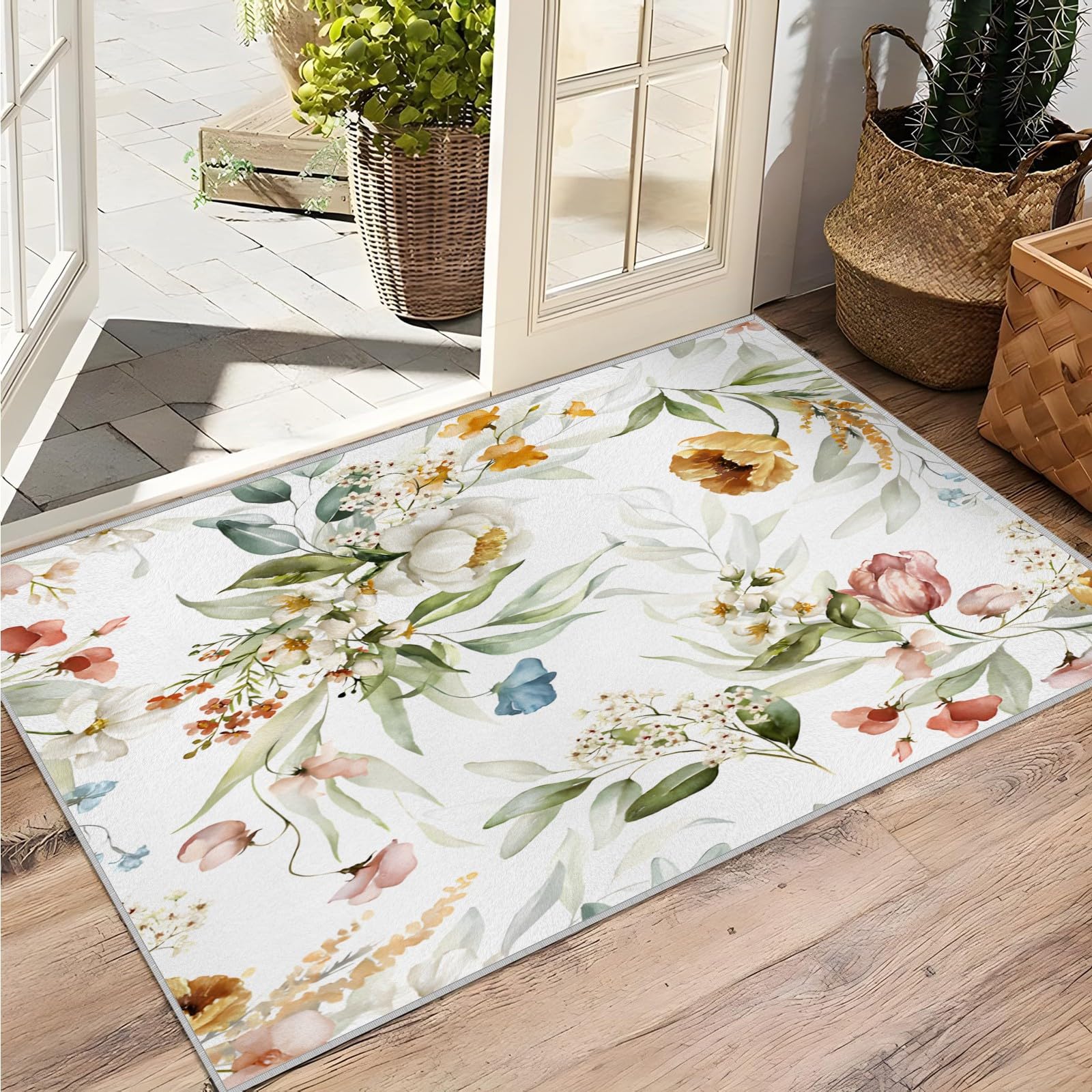 Waschbarer Kurzflor Teppich 120x160 cm – Weich & rutschfest, Mehrfarbige Wildblumen Teppich NatüRlich Wohnzimmerteppiche Modern QJ-116