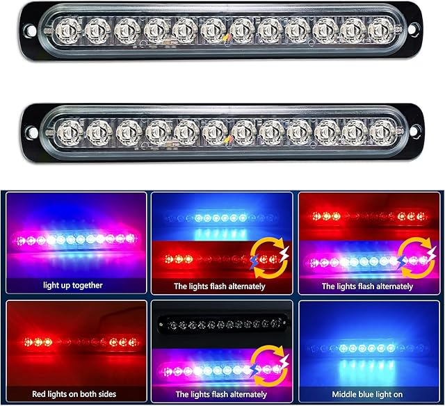RIGIDON 2 Pcs 7.5inch Safety Emergency Flashing Lights, 12V 24V 12 LED Red Blue Strobe Hazard Warning Light, Breakdown Beacon Led Light Bar, Waterproof Universal for Car Truck Off road SUV Vehicles