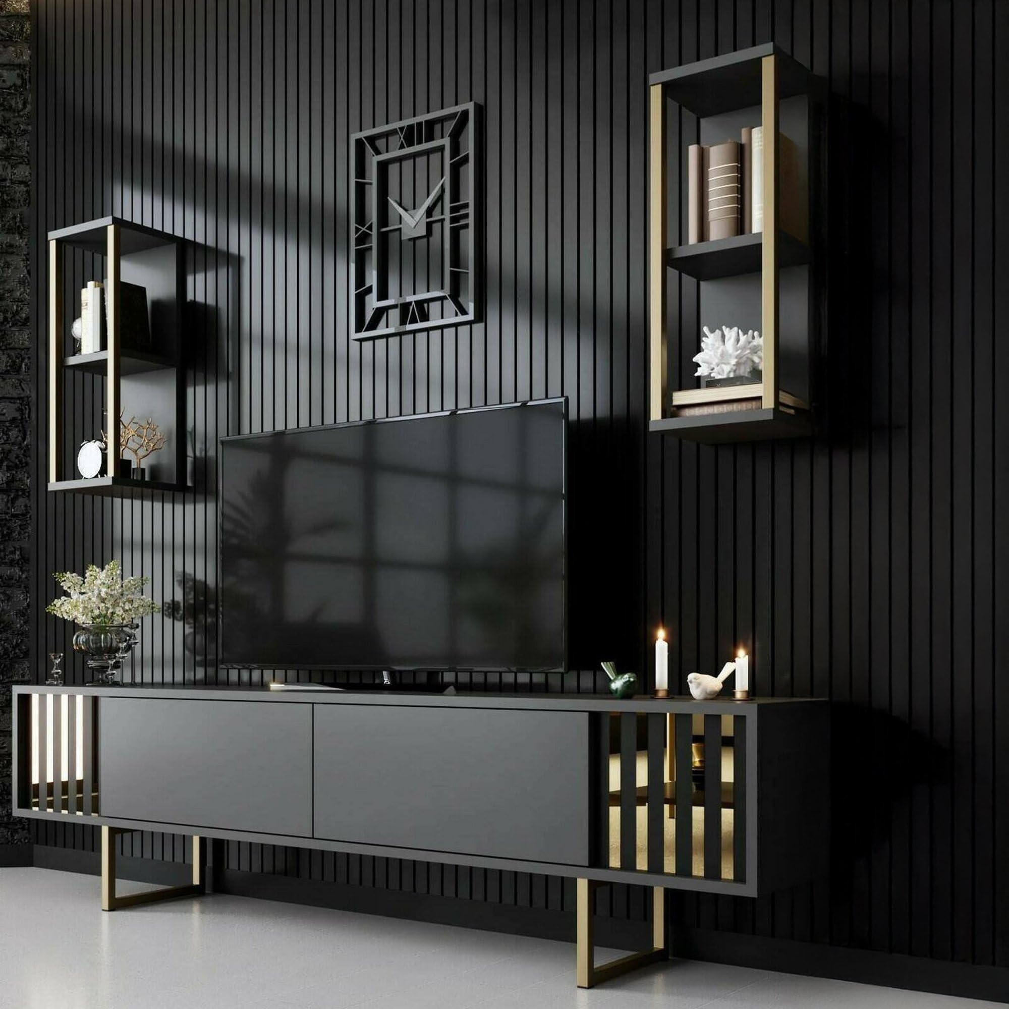 Dmora - Mobile porta TV Eunomia, Credenza da soggiorno, Armadio basso per TV, Base parete attrezzata, 180x30h48 cm, Antracite e Nero