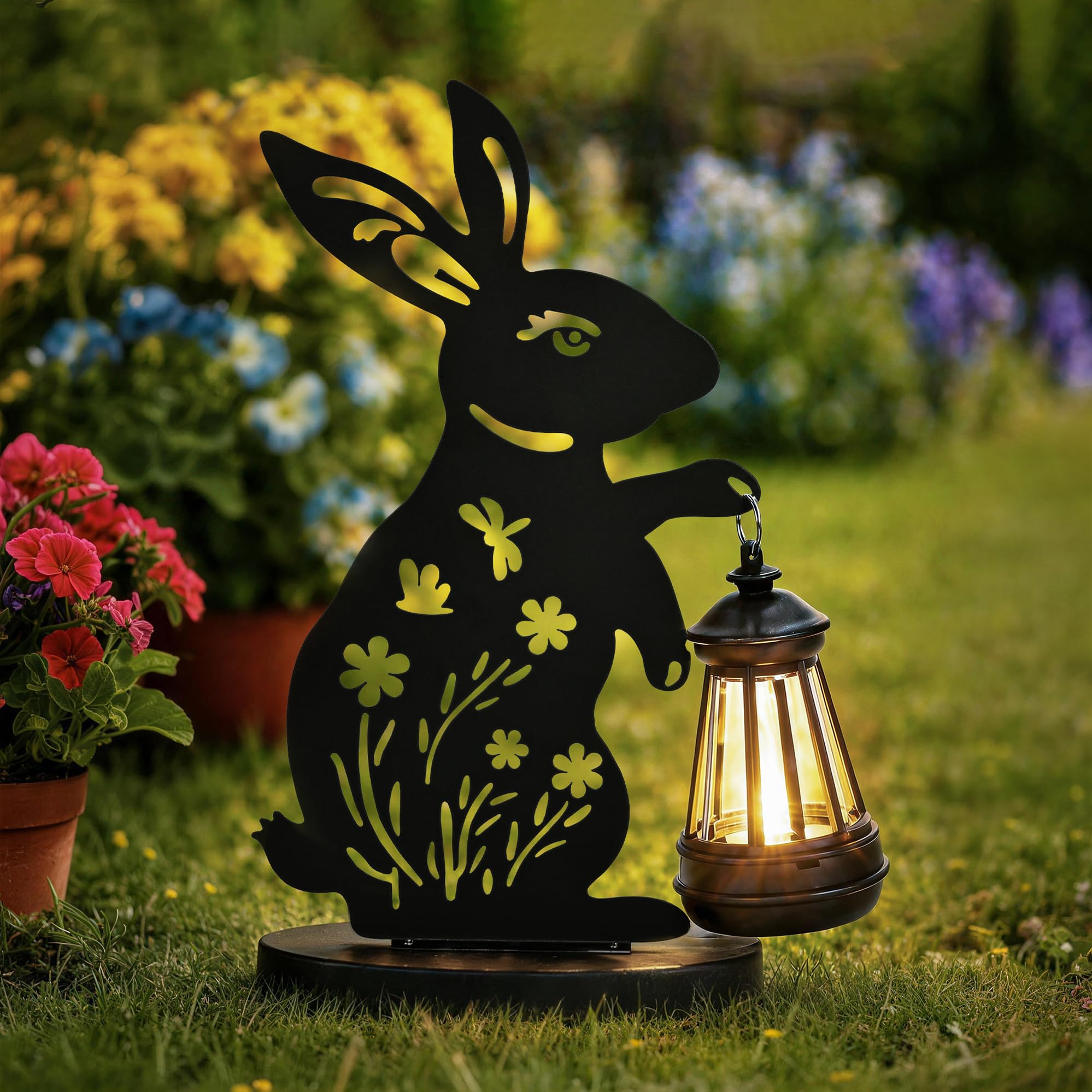 GIGALUMI Iron Rabbit Statue Garden Ornaments Outdoor with Solar Powered Lights,Unique Gifts for Mom,Women,Waterproof Garden Statue Decorations for Patio, Yard(1 Pack)