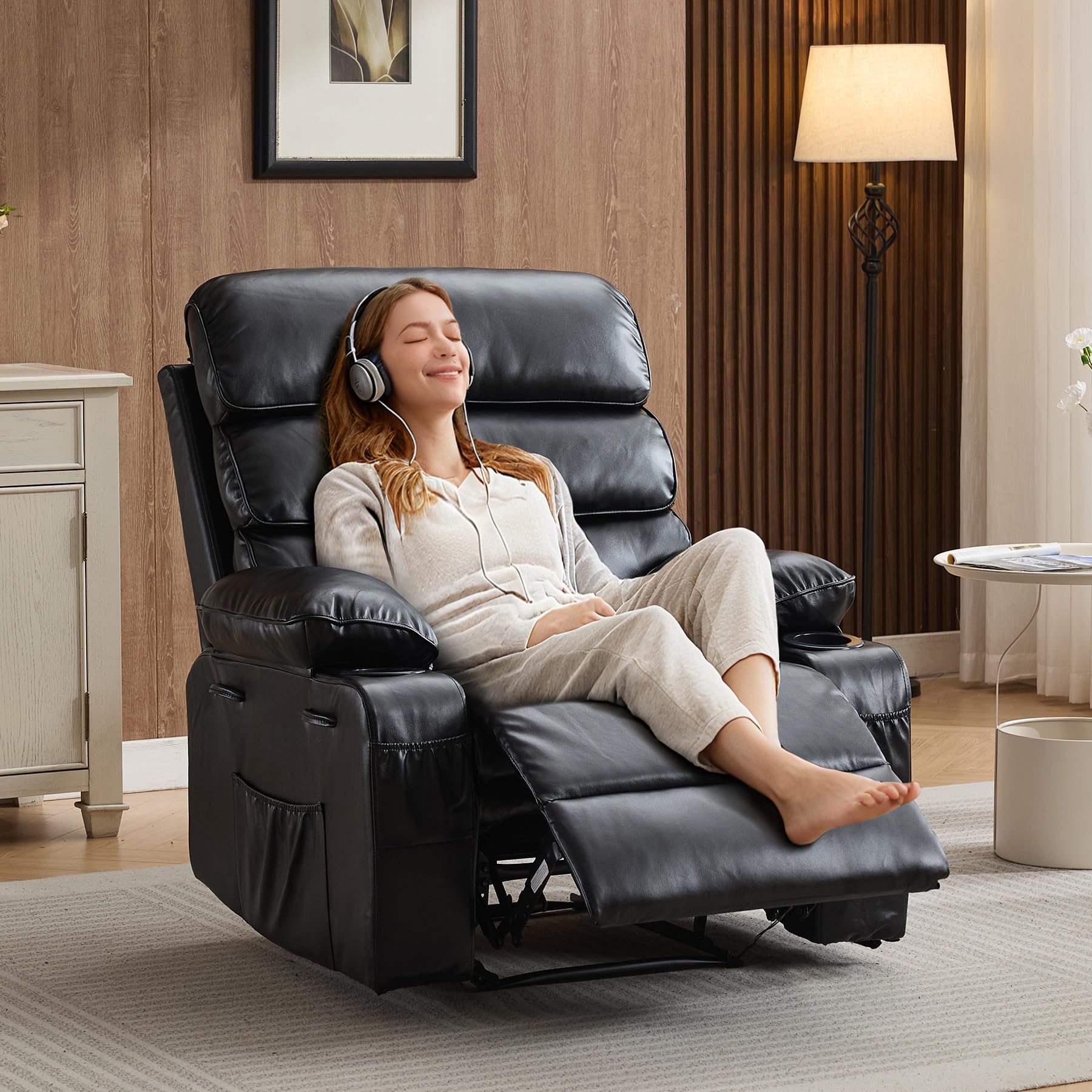 Extra Wide PU Leather Manual Recliner Chair | Massage & Heat Function | 1.5X Thick Sponge Padding | Adult Lazy Chair for Living Room Bedroom?Black