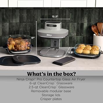 Ninja Crispi Pro Glass Air Fryer, 6-in-1, Bone, AS101LG | Max crisp, air fry, bake, roast, recrisp, dehydrate, 1800W, 450F max, 6Qt, 2.5Qt containers