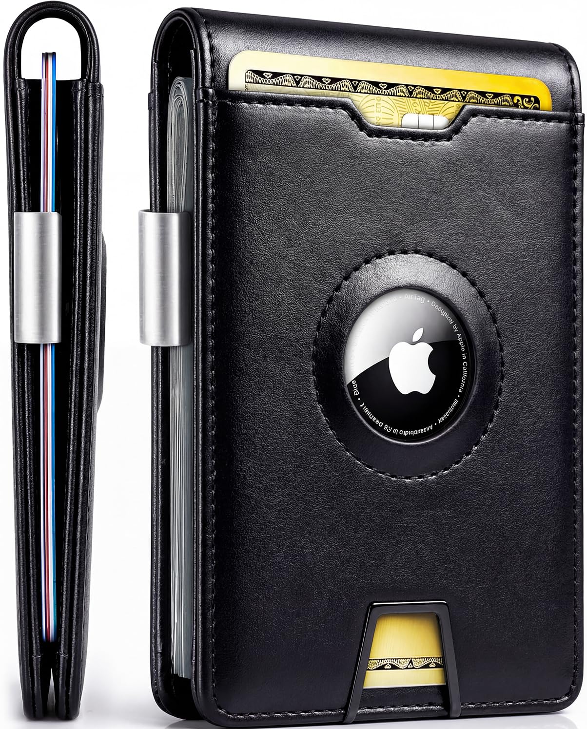 AirTag Wallet Men - Bifold Genuine Leather Wallets for Men, Air Tag Wallet With AirTag Holder, Smart Wallet for Mens Minimalist Wallet | Money Clip,10 Cards, AirTag Not Included* - Midnight Black