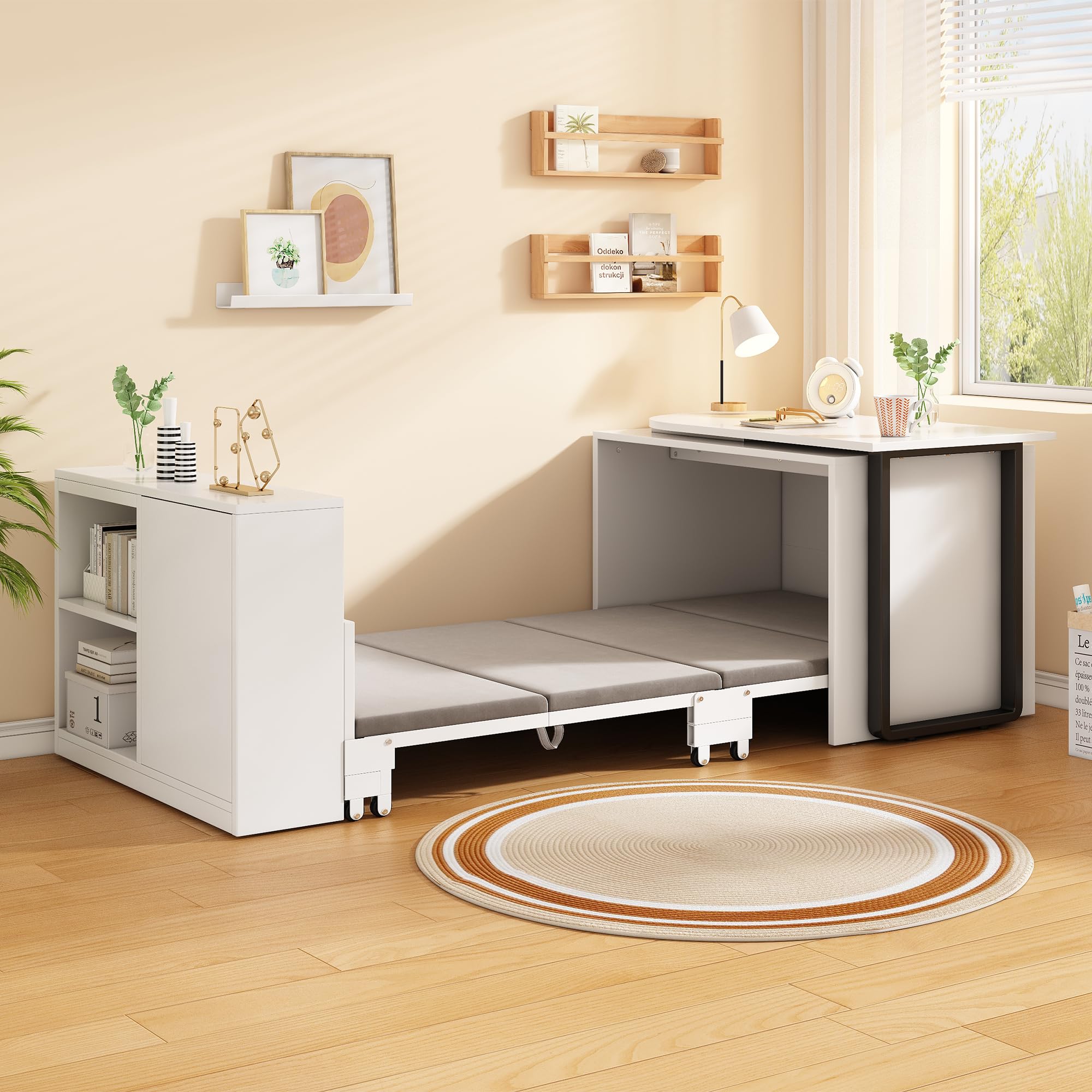 BTM 2-in-1 Klappbett mit Matratze Eckschreibtisch mit Stauraum und Rollen Bett mit Schreibtisch Schrank Gästebett Klappbar Weiß