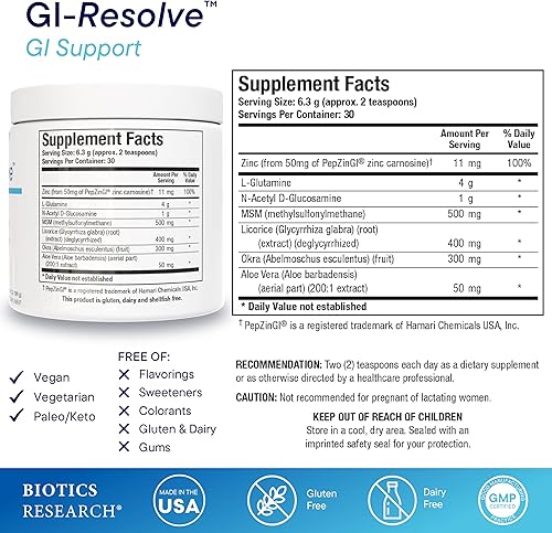 Miniatura 2 de Biotics Research GI Resolve™ Fórmula avanzada de L-glutamina en polvo para apoyo y curación del revestimiento intestinal - Función gastrointestinal