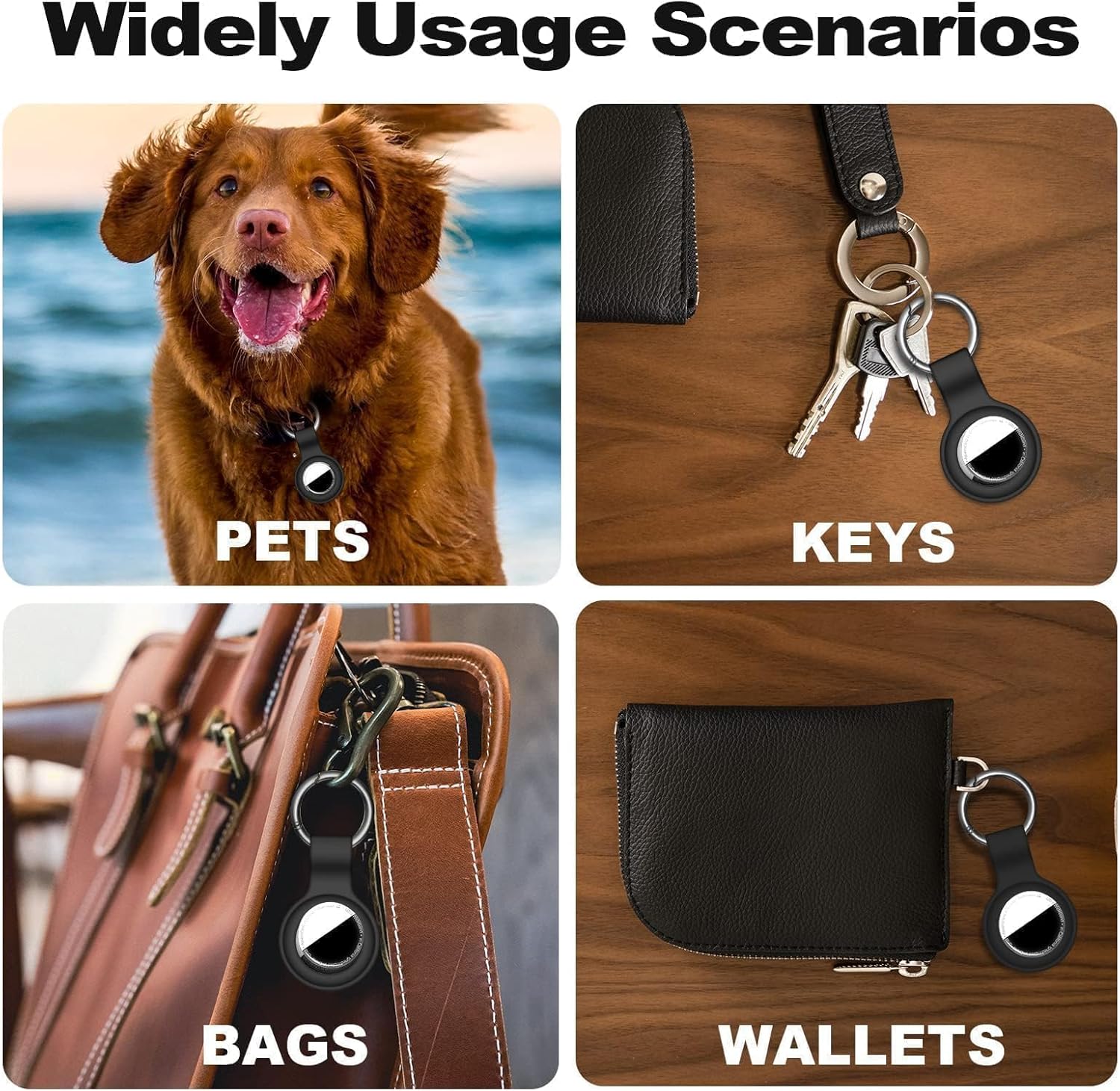 Linsaner AirTag Holder showing various usage scenarios including pets, keys, bags, and wallets.