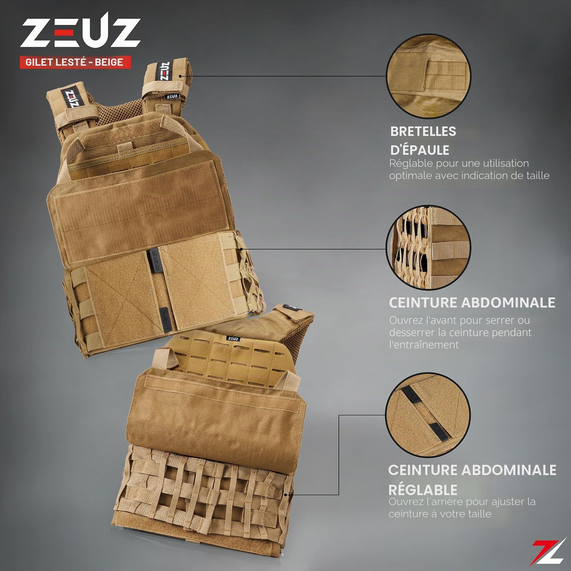 ZEUZ® 3.0 Gilet de poids Crossfit & Fitness 16,5 KG – Gilet tactique & Veste d'entraînement - Réglable en Poids – 19 Stands - Beige