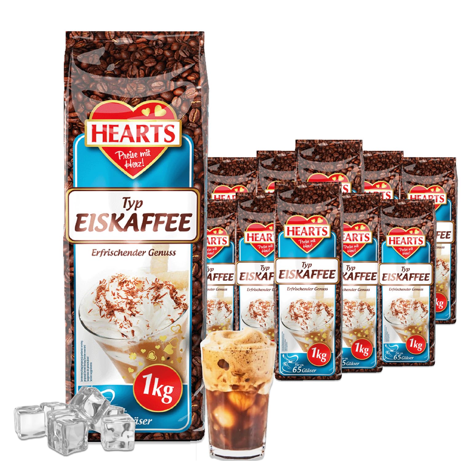 HEARTS kawa mrożona w proszku 20 x 1 kg, korzystne opakowanie idealne dla klientów biznesowych – zmielona kawa na lato, szybkie przygotowanie, Ice Coffee Frappe Art, letni napój z orzeźwiającą