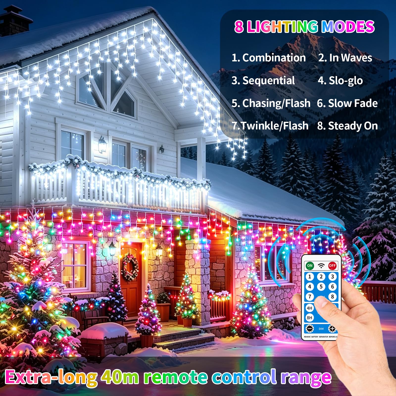Guirlande lumineuse solaire de Noël en forme de stalactites, 660 LED, 25 m, 8 modes d'éclairage, intensité variable pour cour, terrasse, tonnelle, décoration de mariage