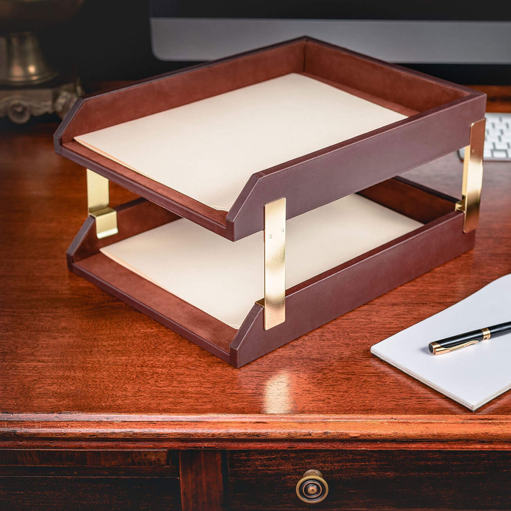 Dacasso Chocolate Brown Leather Front-Load Double Letter Tray Set w/Gold Stacking Posts - Luxury Executive Decor and Office Essential - Desk Surface Protector