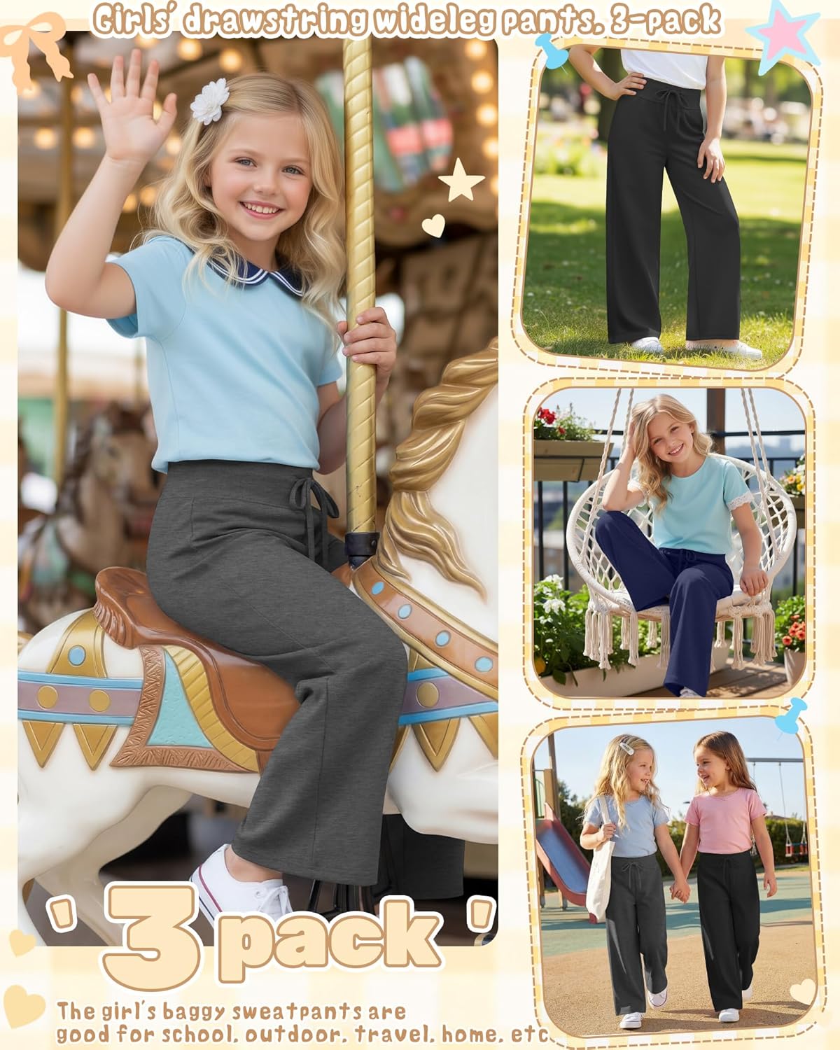 3 Pack Girl's Wide Leg Sweatpants Open Bottom Joggers with Drawstring Casual Baggy Sweat Pants 5-14 Years