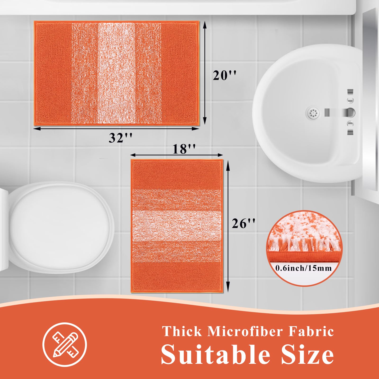 Vaukki Lot de 2 tapis de salle de bain de luxe doux, antidérapants et lavables, en microfibre à poils longs et absorbants à rayures pour baignoire, salle de bains et douche (45,7 x 66,8 cm + 50,8 x