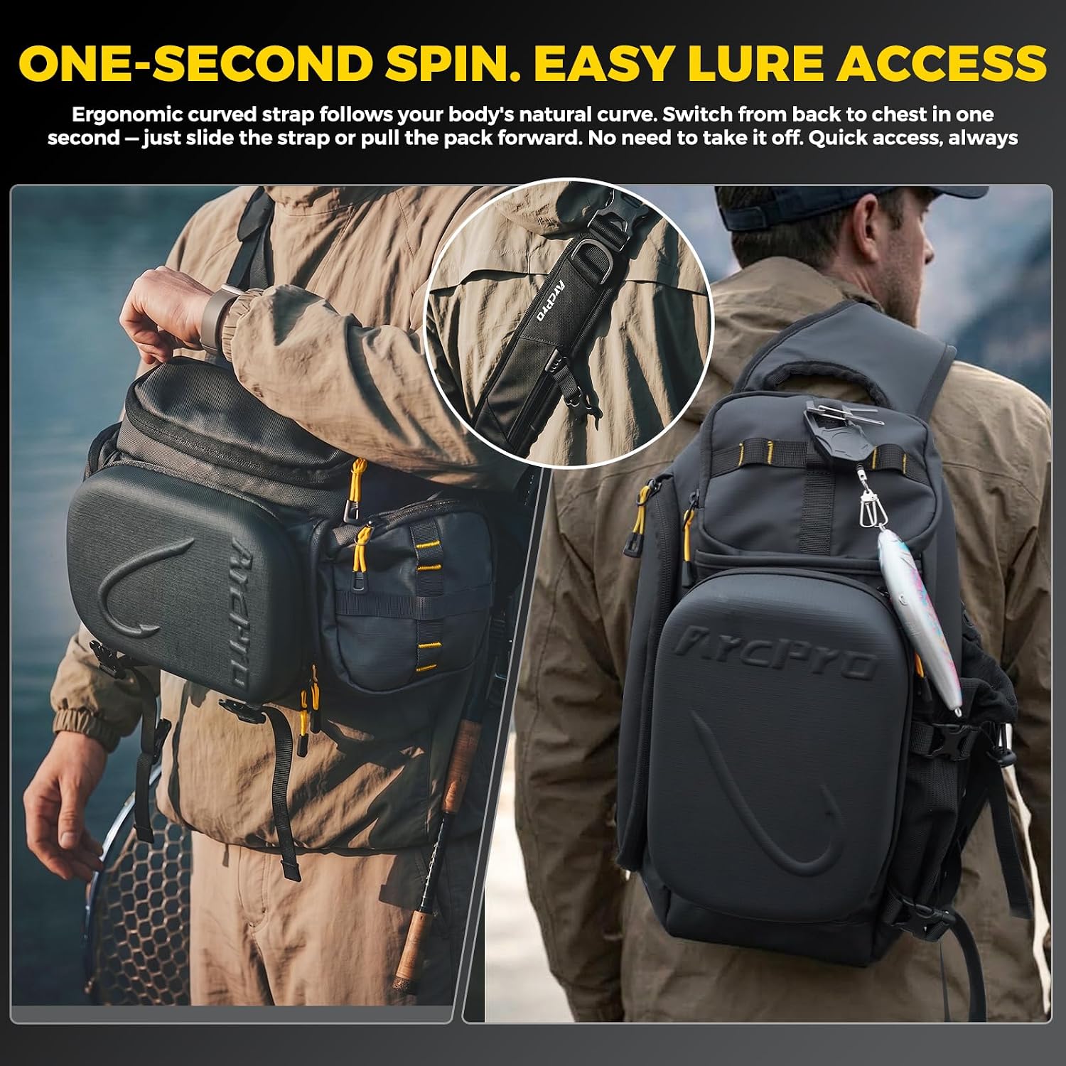 Fishing Sling Pack, EVA Hardshell with Foldable Workstation, Water-Resistant Convertible Front/Back Tackle Bag for 2×3600 Trays, Saltwater Freshwater Crossbody thumbnail