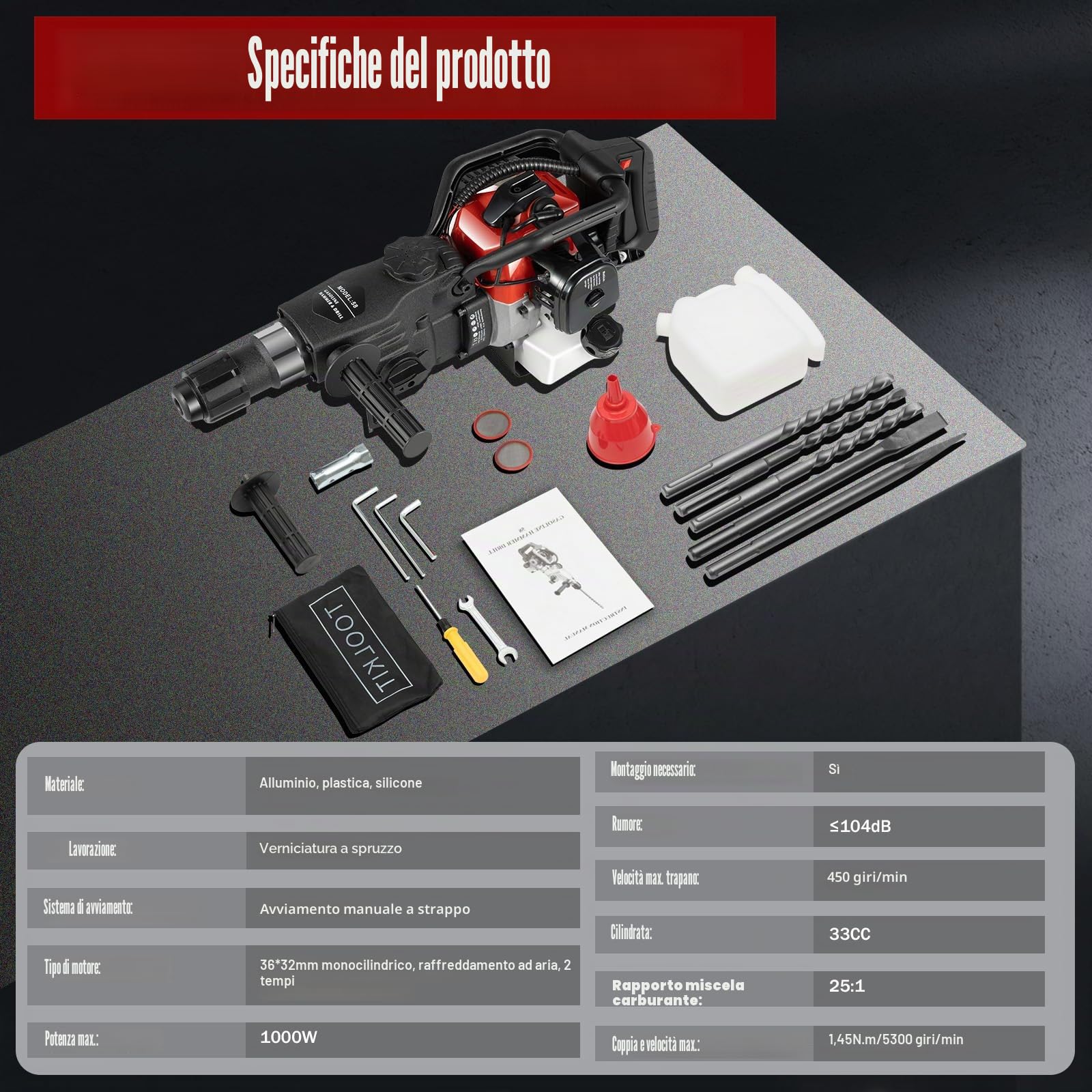 Martello Demolitore a Benzina 32.6CC 2 Stroke, Percussione e Scalpello 1200 W, Trapano per Calcestruzzo Con 3 Punte, 1 Cassetta Degli Attrezzi