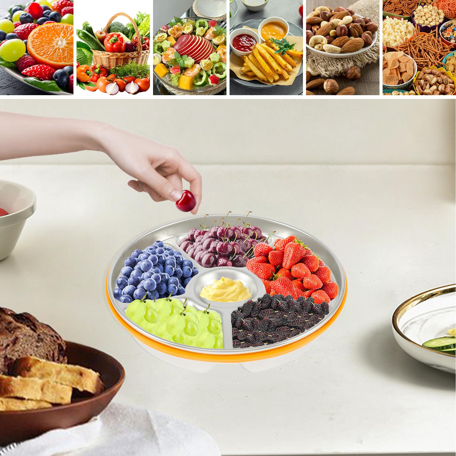 KALWEL, Vassoio per frutta secca, vassoio per snack, vassoio da portata per frutta secca, vassoio da portata diviso con coperchio, vassoio per snack con coperchio, vassoio con 6 scomparti, adatto per