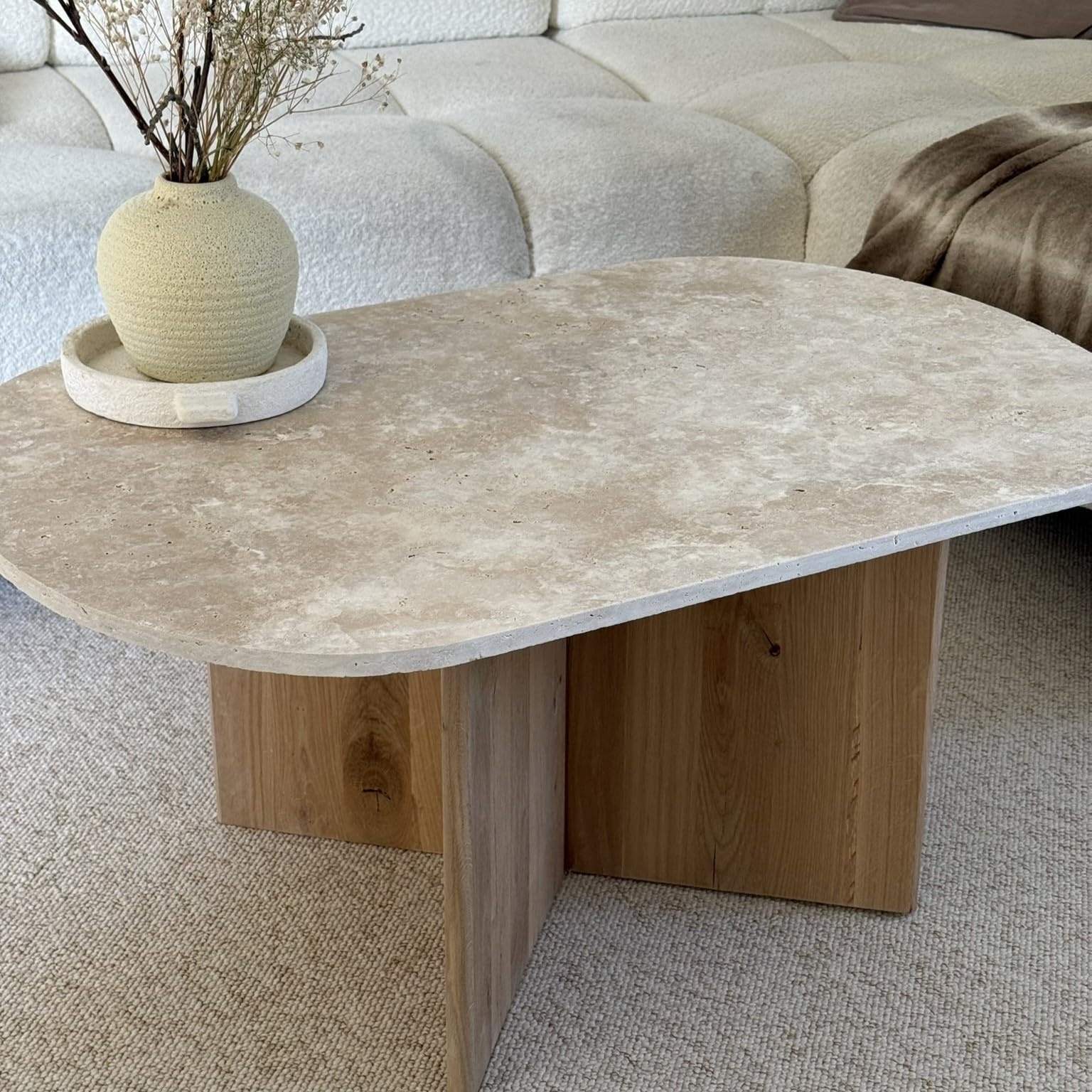 Table Basse Ovale Véritable travertin et chêne Brut (Table Seule)