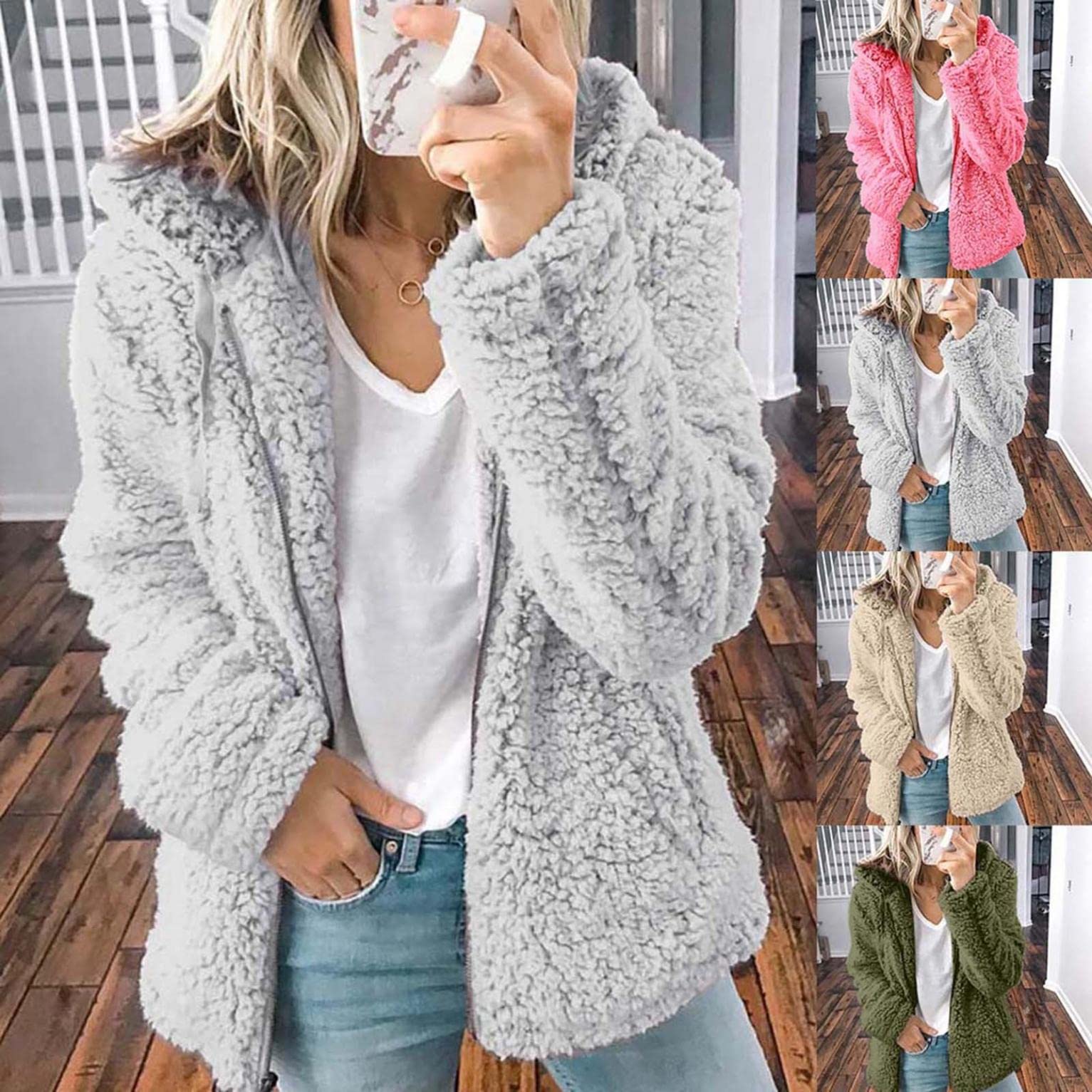 Wiyuqeen Veste En Polaire à Fermeture Éclair Pour Femmes Avec Poches, Sweat à Capuche Sherpa Long Surdimensionné, Vestes Chaudes En Peluche Pour Femmes