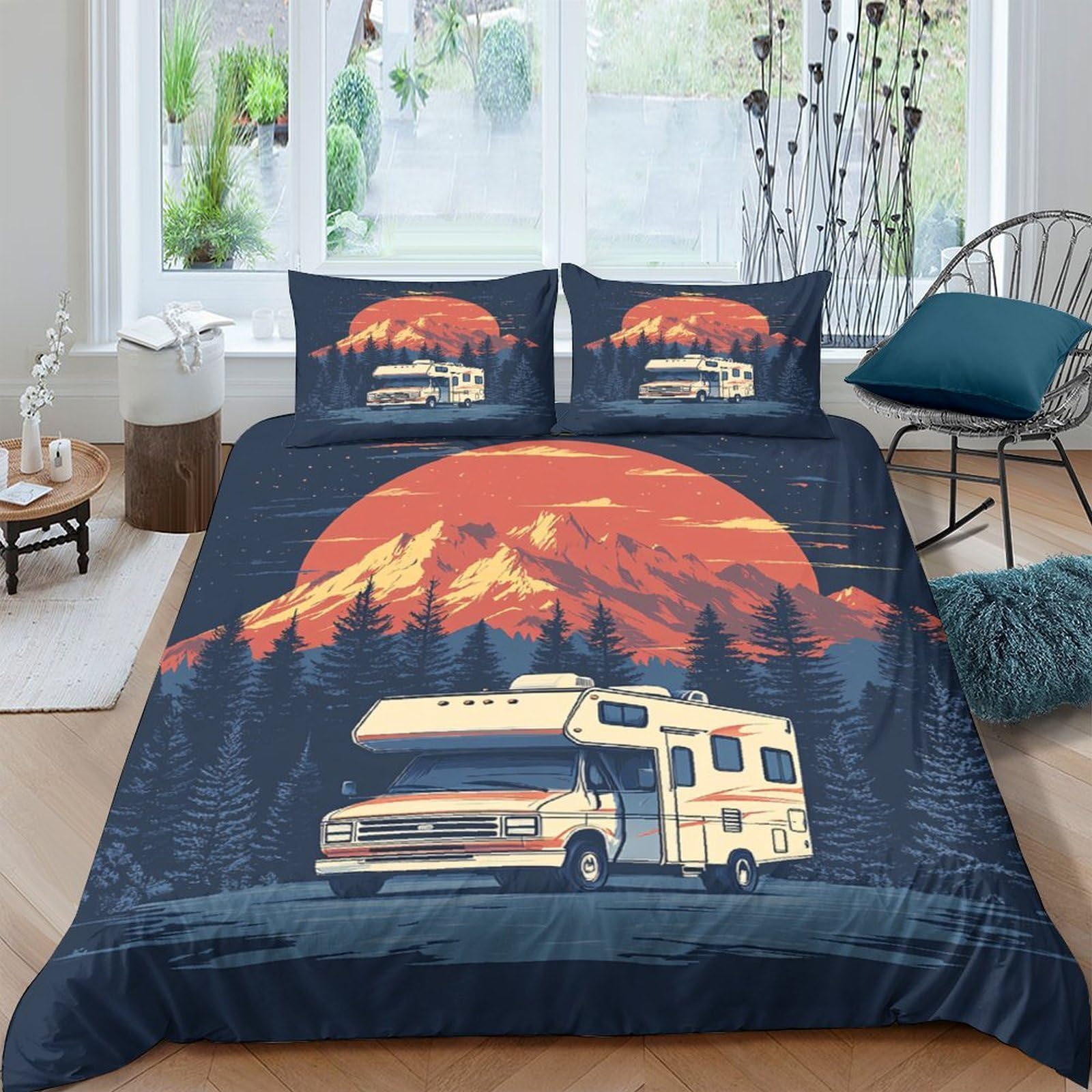 Ctjqhvkz Style-3 3D Printed Sunset Mountain Fitted Sheet Microfiber Camper Van Bed Cover For Bedroom Dorm Mattress Protection Decor Single（135X200cm）