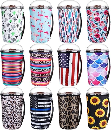 Funda aislante de neopreno para taza de café helado, 12 piezas, con asa (22-24 onzas, estilo elegante)