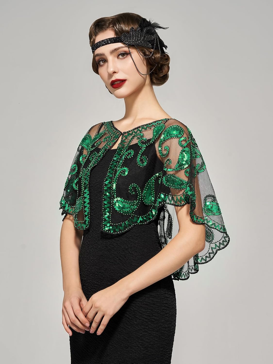 SWEETV Women's 1920s Flapper Shawl,Sequin Beaded Shawls and Wraps for Evening Dresses/Party/Wedding/Formal/Harlem night - Image 4