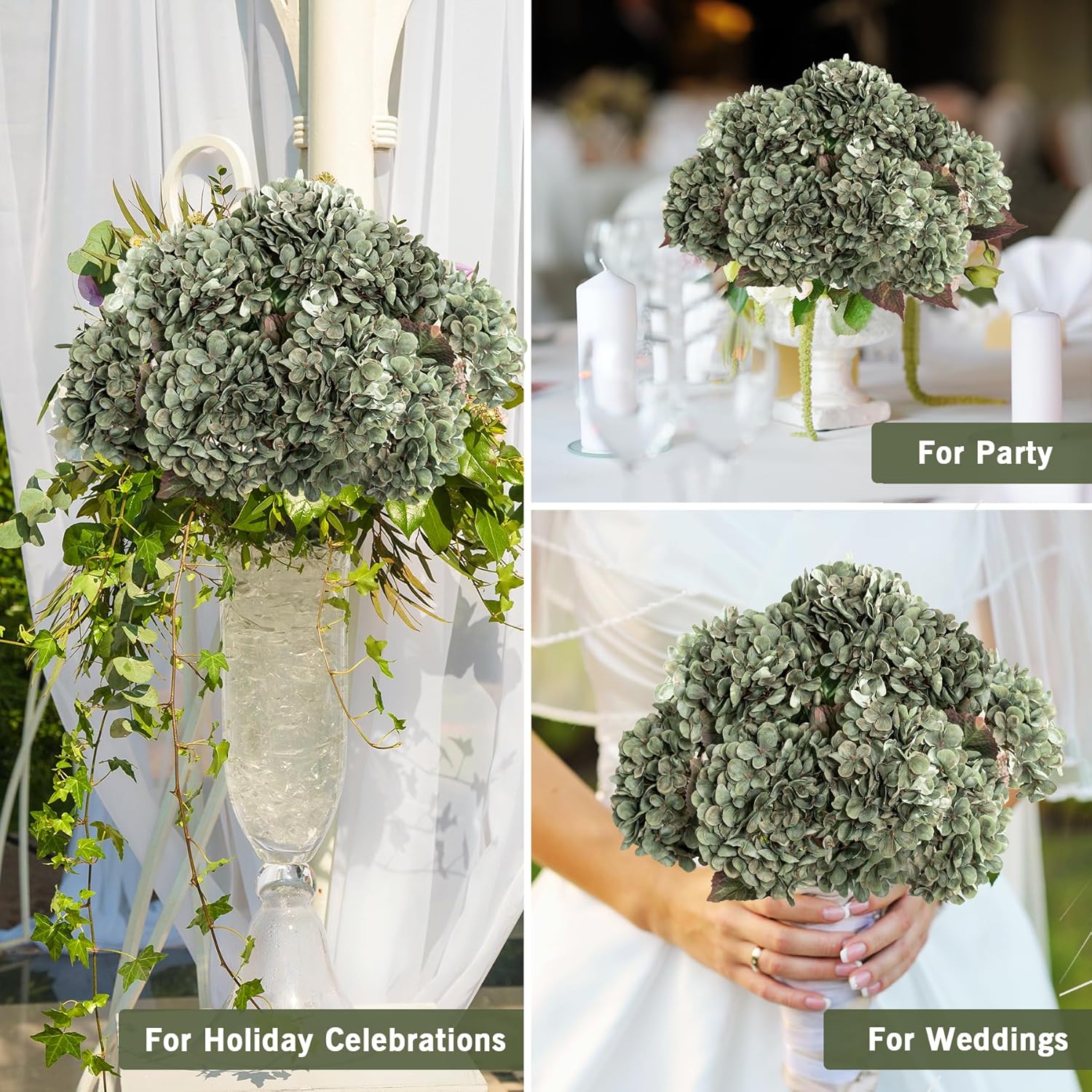 Hydrangea Artificial Flowers,Green Artificial Flower Fake Silk Hydrangea, Heads Bouquet with Stems Bulk for Fall Decoration Table Center Indoor Outdoor Faux Floral Plants 8pcs (Green) - Image 6