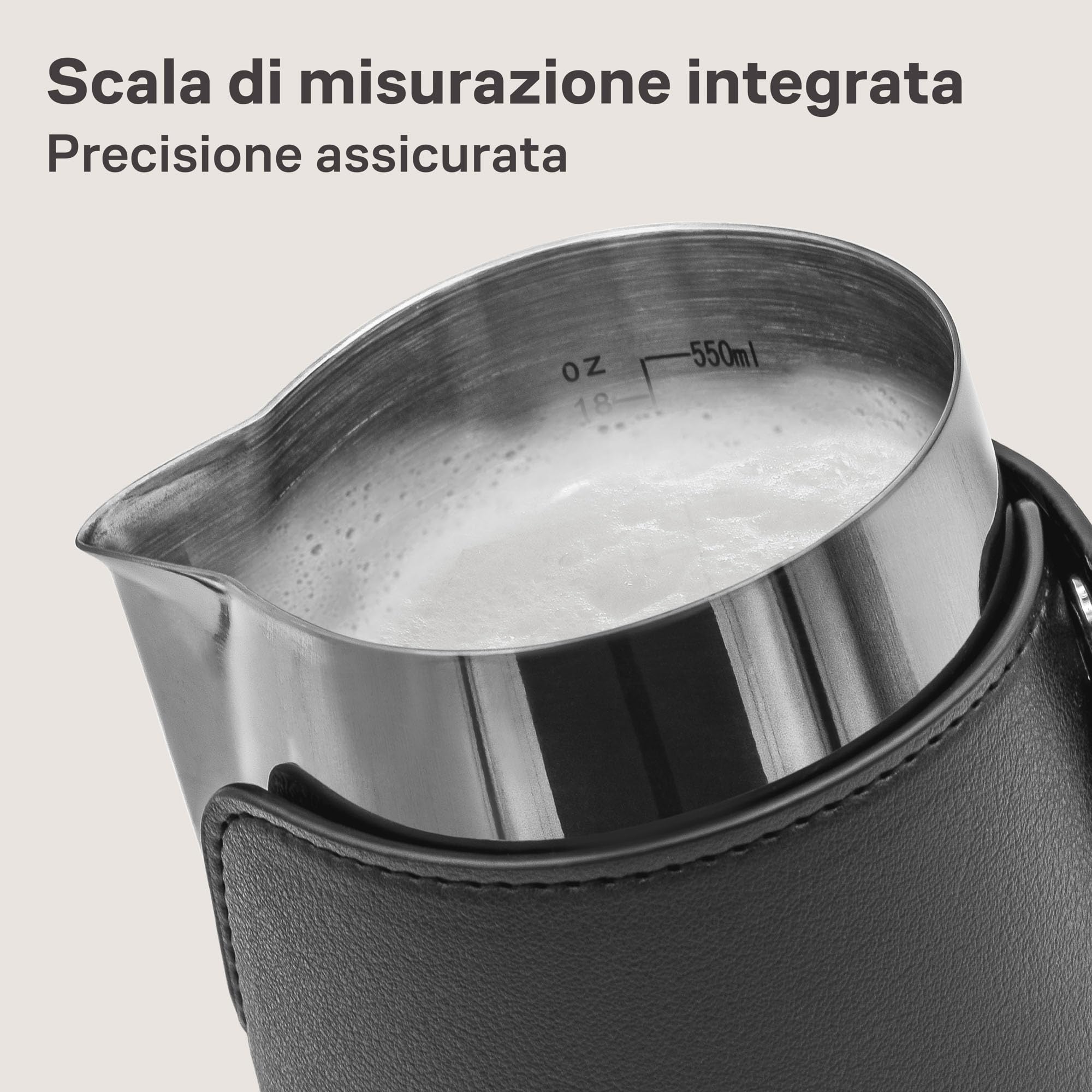 Cosumy Bricco Latte Professionale - Lattiera in Acciaio Inox 500ml - Bricchetto Latte con Segno di Misurazione - Senza Maniglie per il Latte Art
