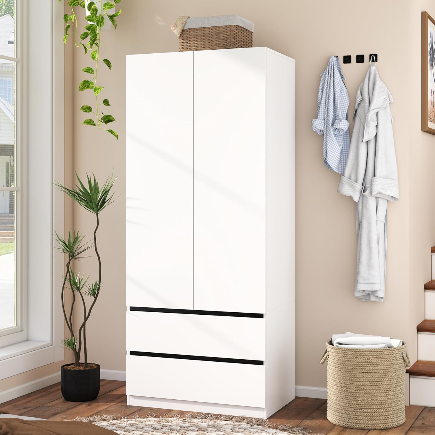 White Armoire Wardrobe Closet with 2 Doors, 75″ Bedroom Wardrobe Closet for Hanging Clothes, Modern Wood Storage Closets Cabinet with System (A-Style, 31.5″)