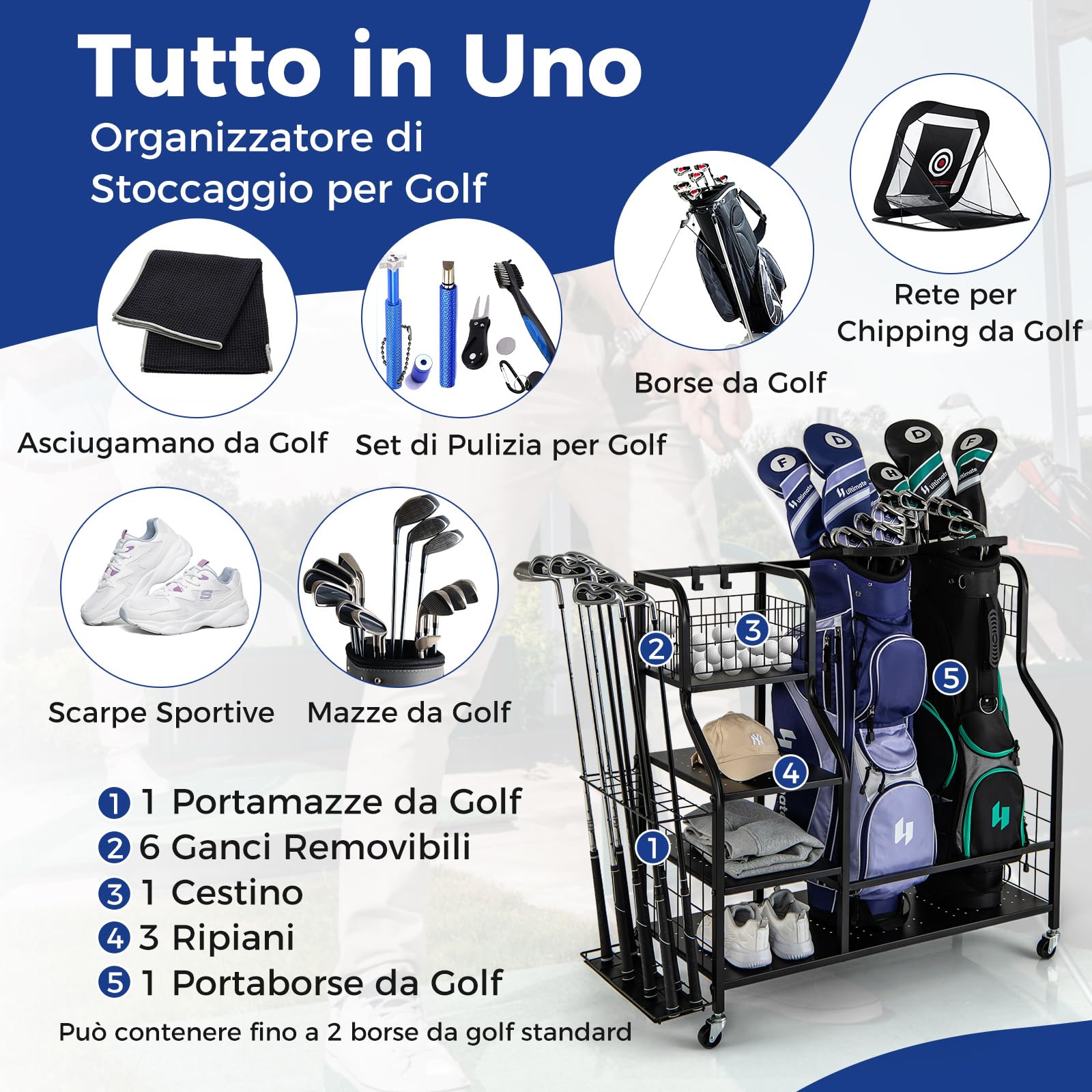 COSTWAY Organizer per Sacca da Golf, Supporto per 2 Borse da Golf con Extra Scaffale di Stoccaggio per Mazze da Golf, 6 Ganci Rimovibili e 4 Ruote per Garage e Club