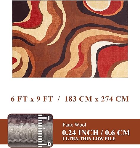 Miniatura 7 de YIHOUSE Alfombra naranja quemada lavable de 6 x 9 pies, alfombras para salas, alfombras retro de granja, alfombra ondulada abstracta geométrica para