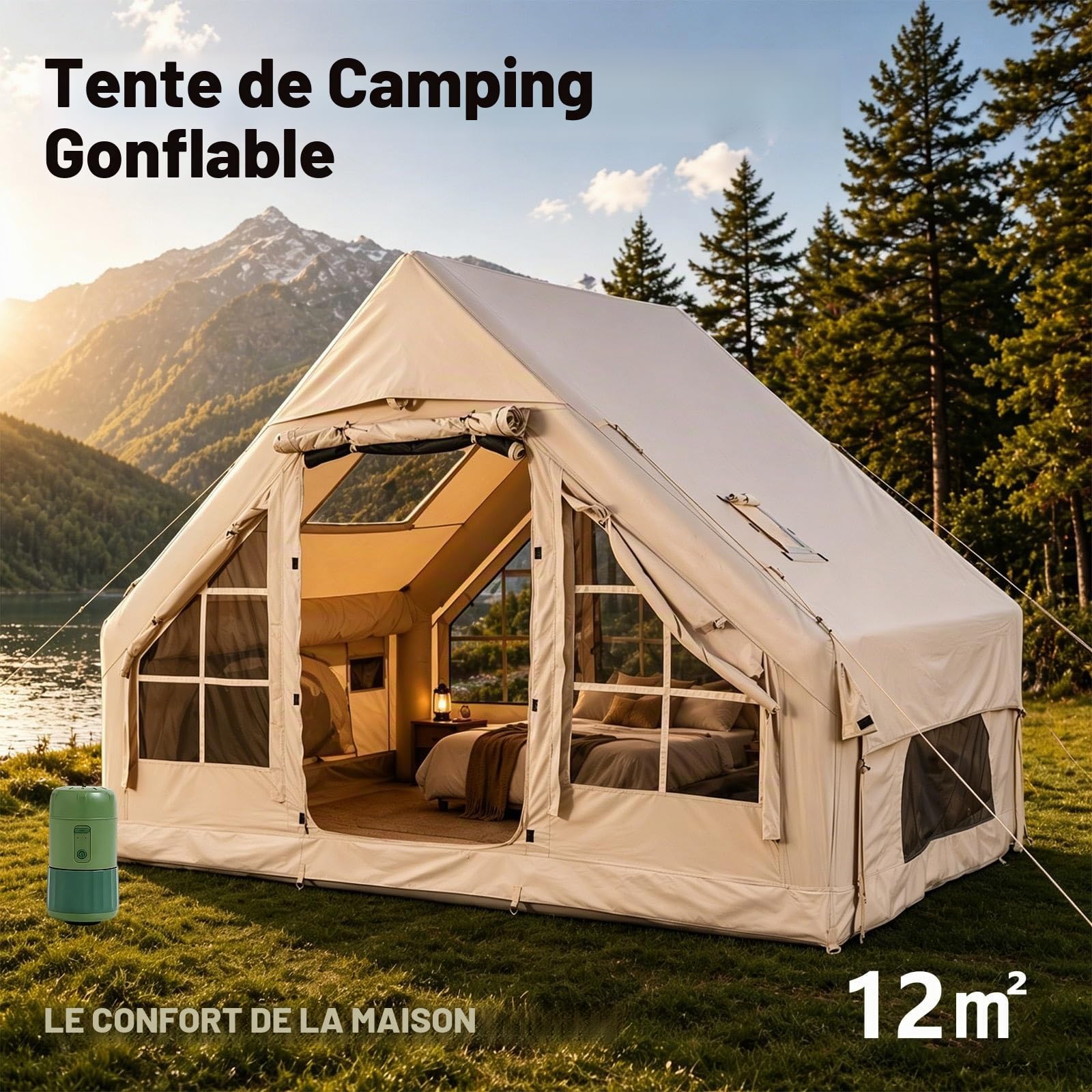 Tente Gonflable Camping 4-8 Personnes, Grande Tente Familiale avec Pompe Électrique, Tente Glamping 4 Saisons avec Jack de Poêle, Abri Extérieur Résistant à la Pluie