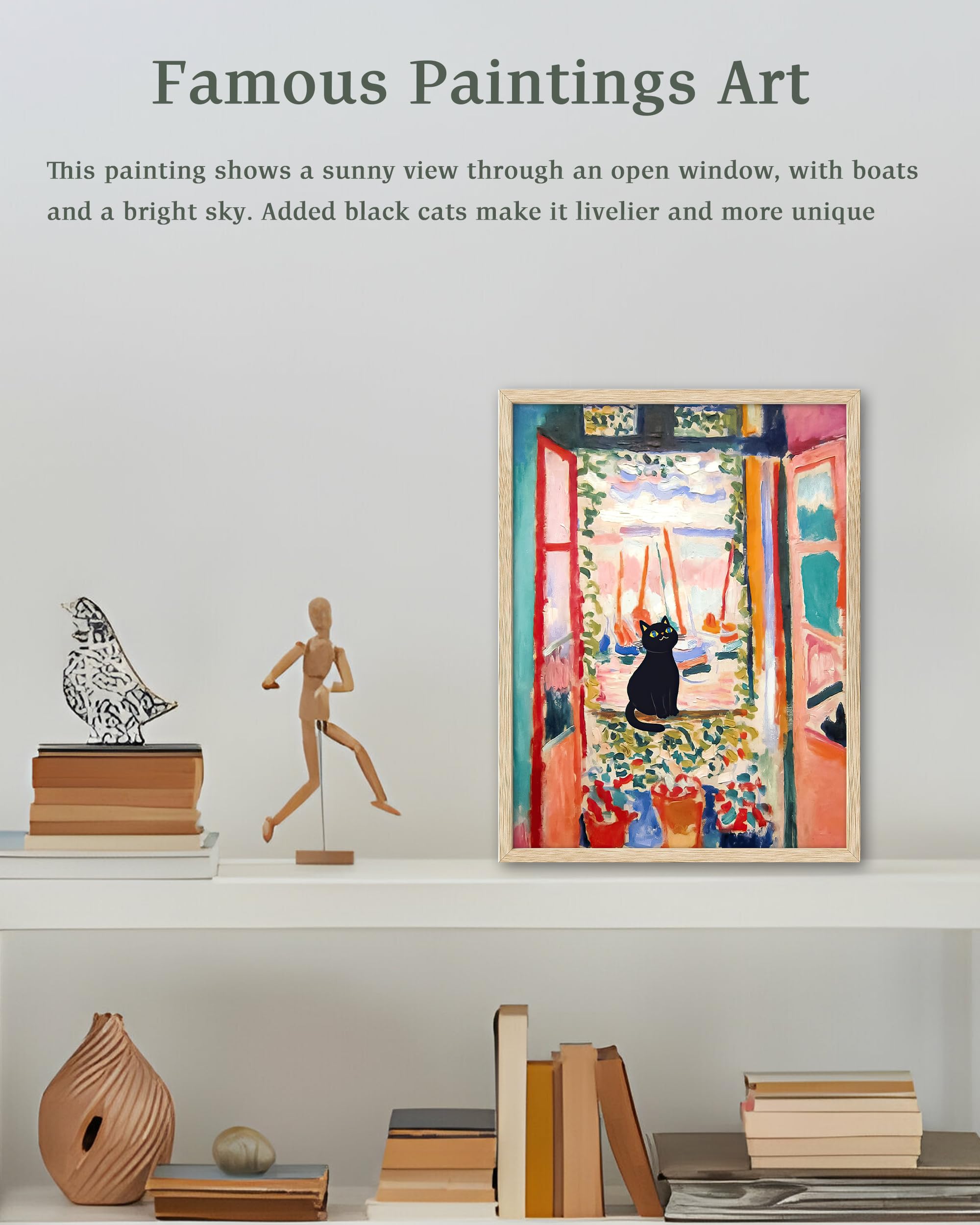 UPWOIGH Natural Oak Beige Wood Framed Canvas Wall Art,12x16in(30x40CM),Henri Matisse The Open Window Black Cat Print Poster - Image 2