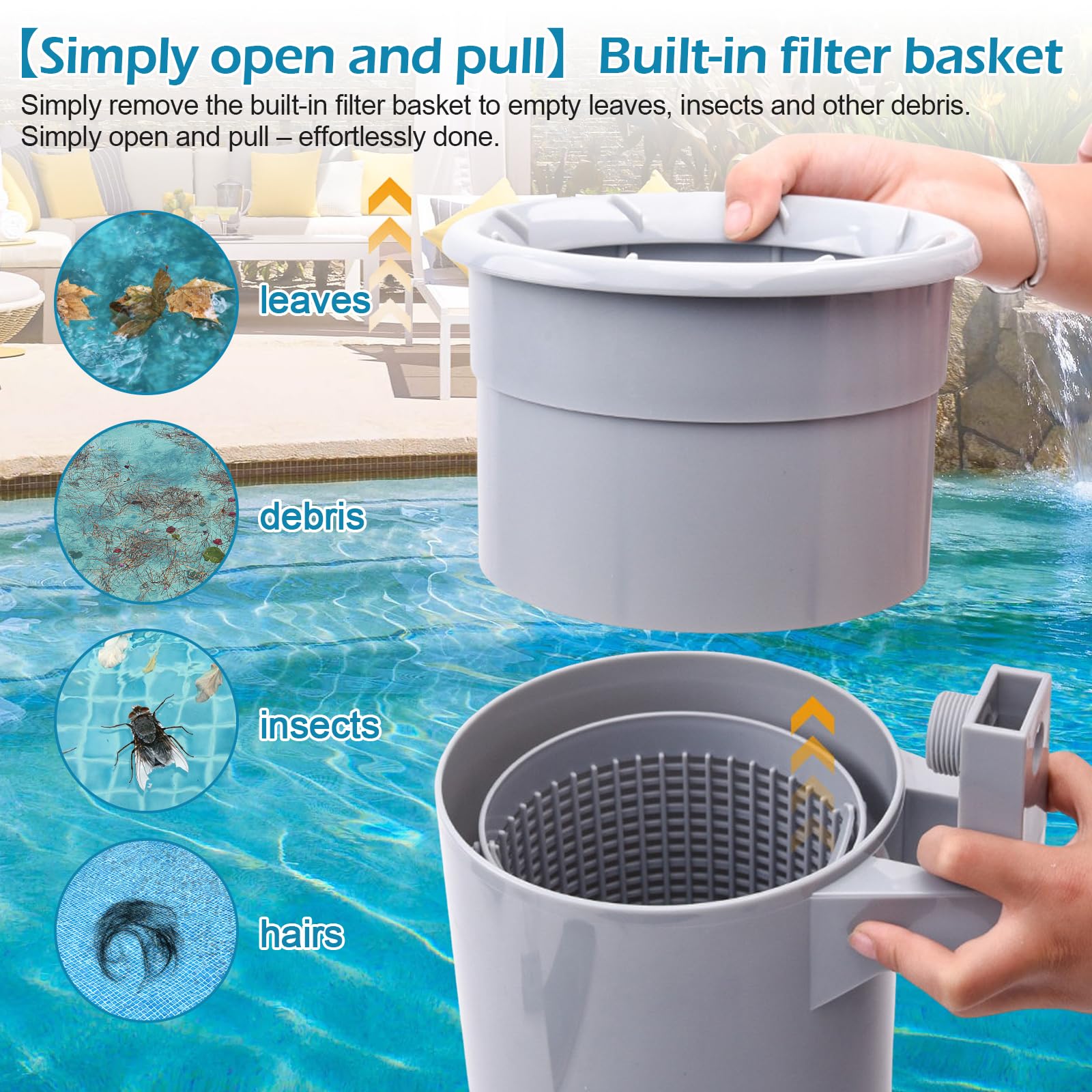 Skimmer de superficie de piscina, Skimmer automático de piscina, Skimmer de pared de piscina con cesta filtrante de superficie de 25.5x15 cm para piscinas inflables, tubo, piscinas de marco metálico