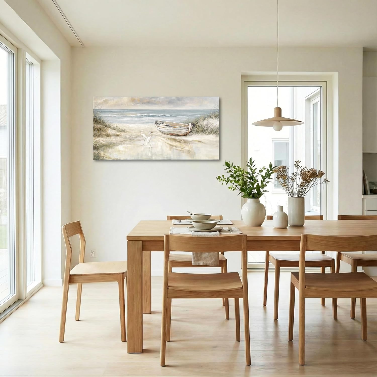 SENROLAN Coastal Wall Art Canvas, Horizontal Seascape Wall Decor with Boat and Birds, Neutral Ocean Picture for Bedroom, Beach Artwork Ready to Hang for Small Wall Space, 20x40 Inch