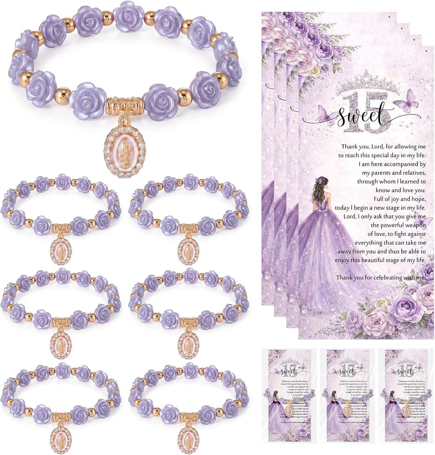 Huquary 30 Sets Quinceanera Party Favors for Guests Sweet 15th Rosary Beads Bracelets with Virgin Mary Charm Thank You Cards Sweet 15 Year Birthday Religious Gifts for Guests Party Favor