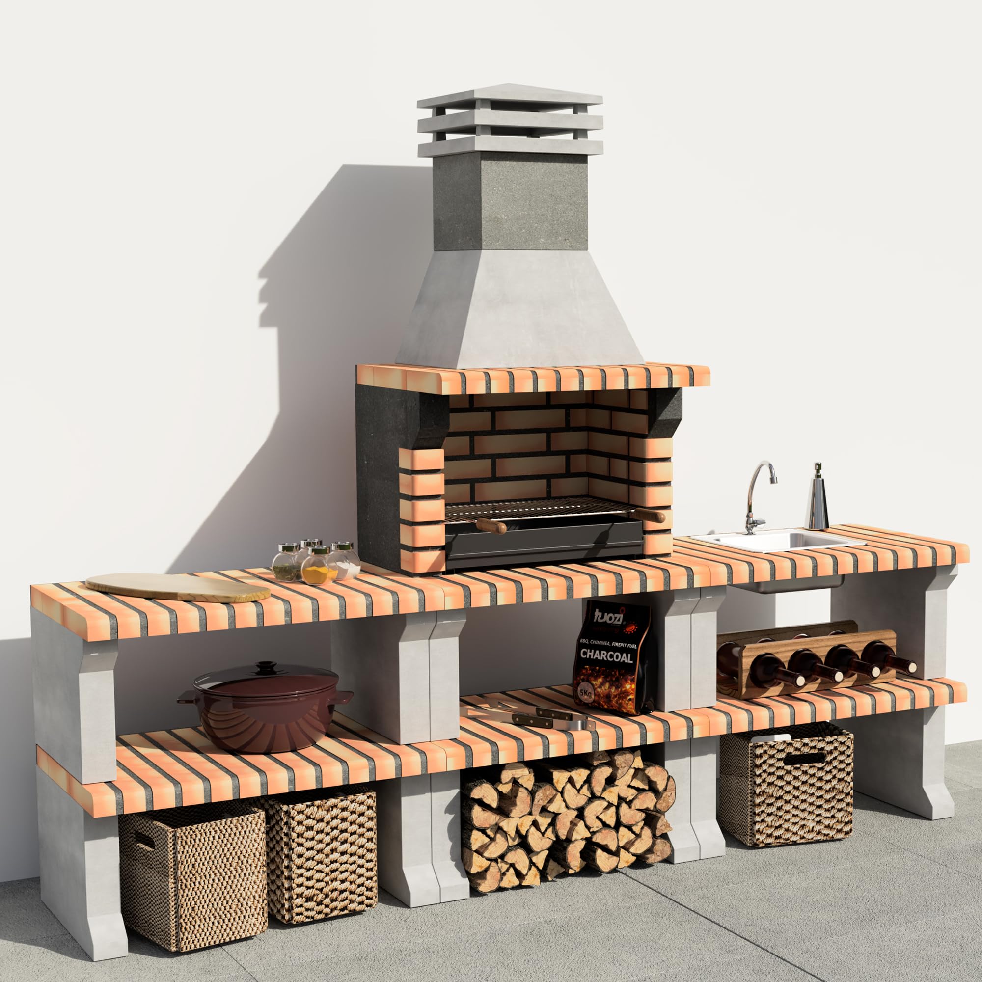 MOVELAR - Barbacoa de Obra Prefabricada de Leña y Carbón Modelo Pack 1 Liz Plus XL Outdoor Kitchen (Gris, Naranja - 228 x 58 x 210 cm) REF: M00482 - Cocina de Exterior para Jardín o Patio