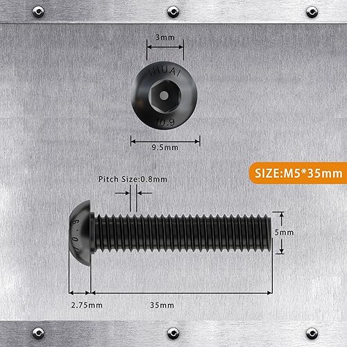 Miniatura 10 de Cicidorai Tornillos de cabeza de botón M5-0.031 x 0.315in, acero de aleación de grado 10,9, acabado de óxido negro, rosca de máquina, llave Allen,