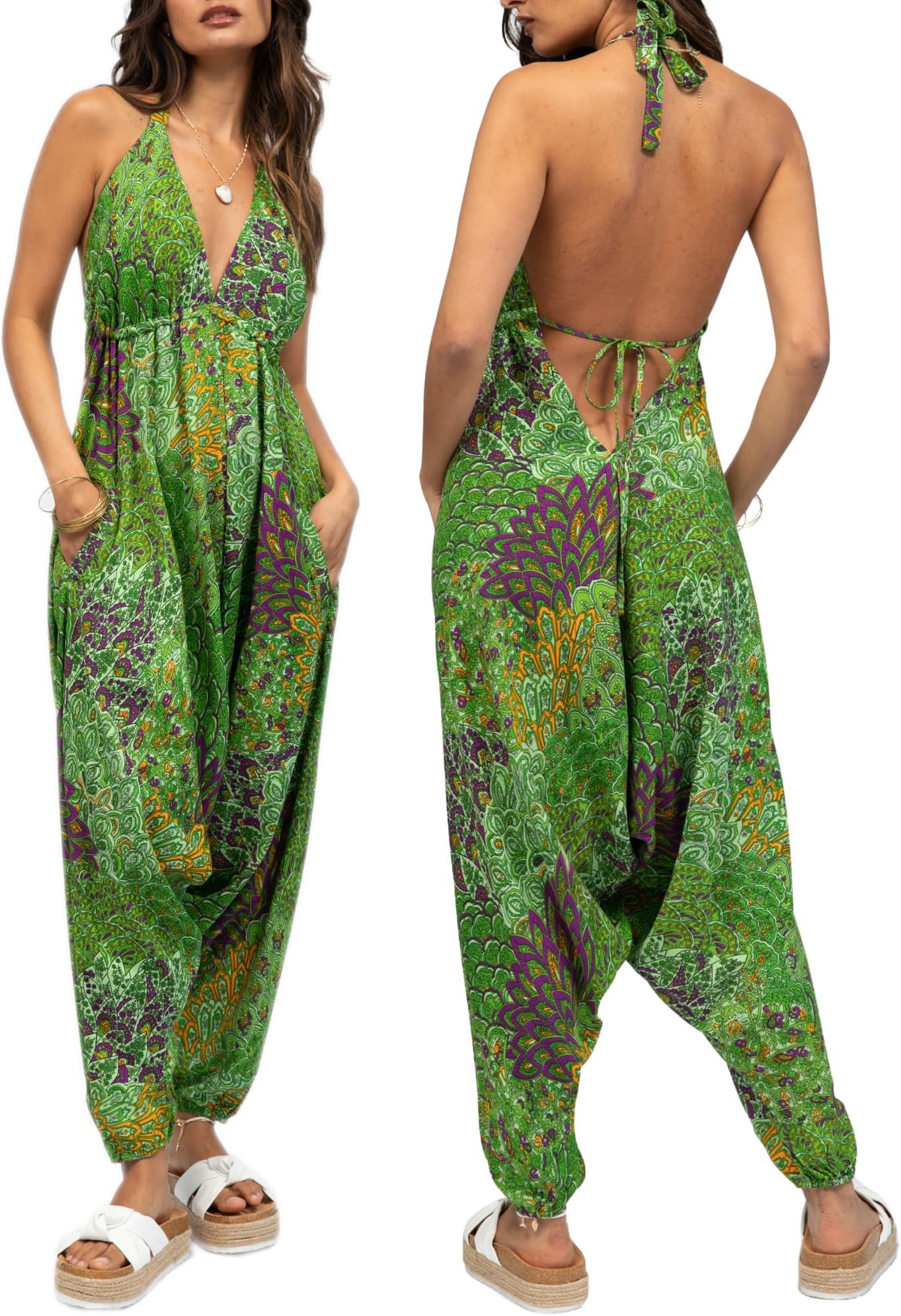 Jumpsuits for Women UK - Harem Jumpsuit All in One - Halter Neck Genie Romper with Pockets - Sexy & Comfy One Piece Ideal for Holidays