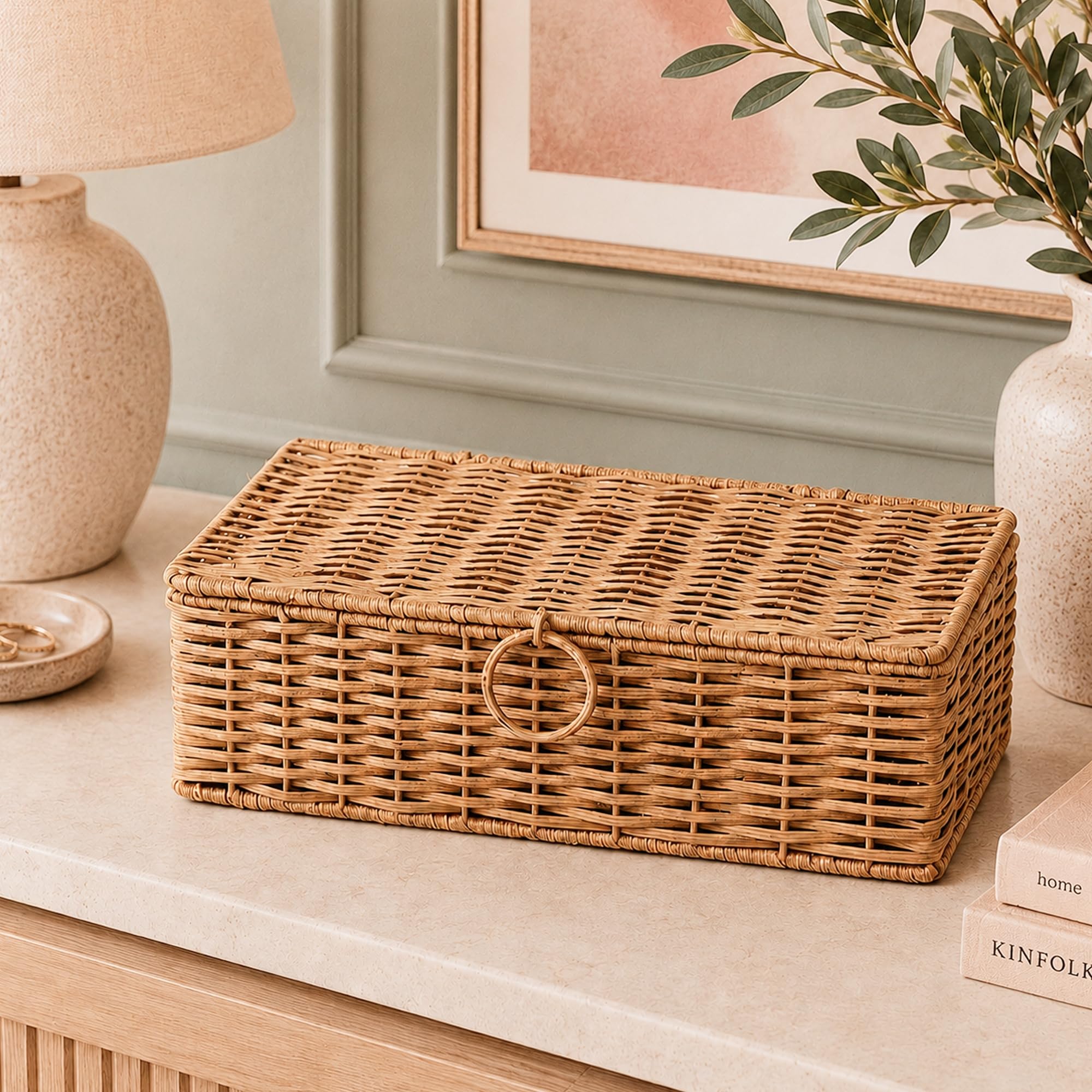 Habere India-All the Cultures Fabricating India Cane Storage Box with Flip Lid | Wicker Basket Organiser for Wardrobe, Desk and Bathroom | Multipurpose Home Storage Box (D02: L38 x W23 x H12 cm)-picture-21