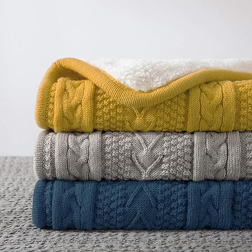 Miniatura 6 de Longhui bedding Manta de punto trenzado acrílico Sherpa  Gruesa, suave, grande, acogedora manta de lana de punto gris azul para sofá, cama, tamaño