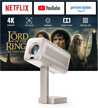 Smart Mini Projector 4k [2500 ANSI & Netflix Included] VOPLLS TOF Auto Focus & Keystone Dolby Audio Projector for Bedroom, Full HD 1080P WiFi6 Bluetooth Home Movie Outdoor Portable Projectors