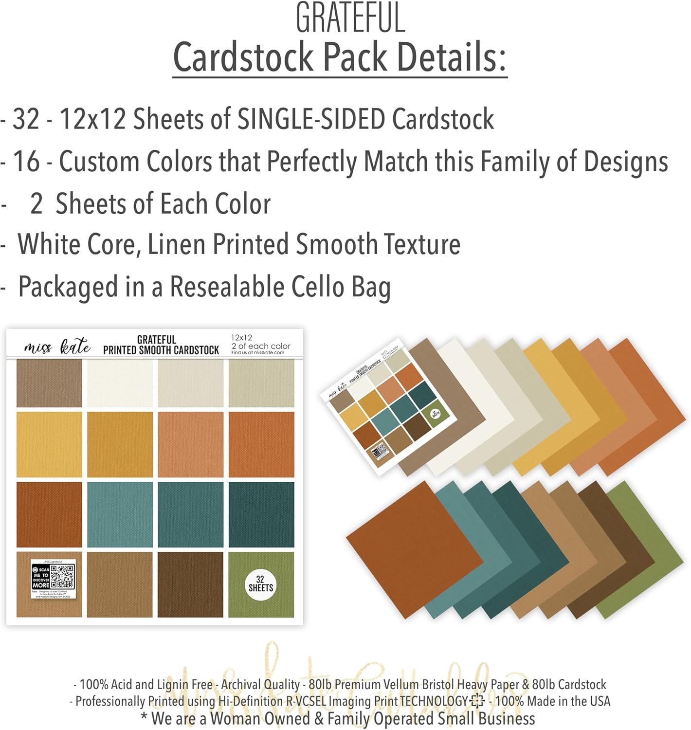 Cardstock - Grateful - for Thanksgiving Fall Autumn Turkey Day - 32 Sheets - Single-Sided Card Stock - Linen Print Smooth 67lb - Scrapbooking Scrapbook Card Making Paper Crafting - Miss Kate Cuttables