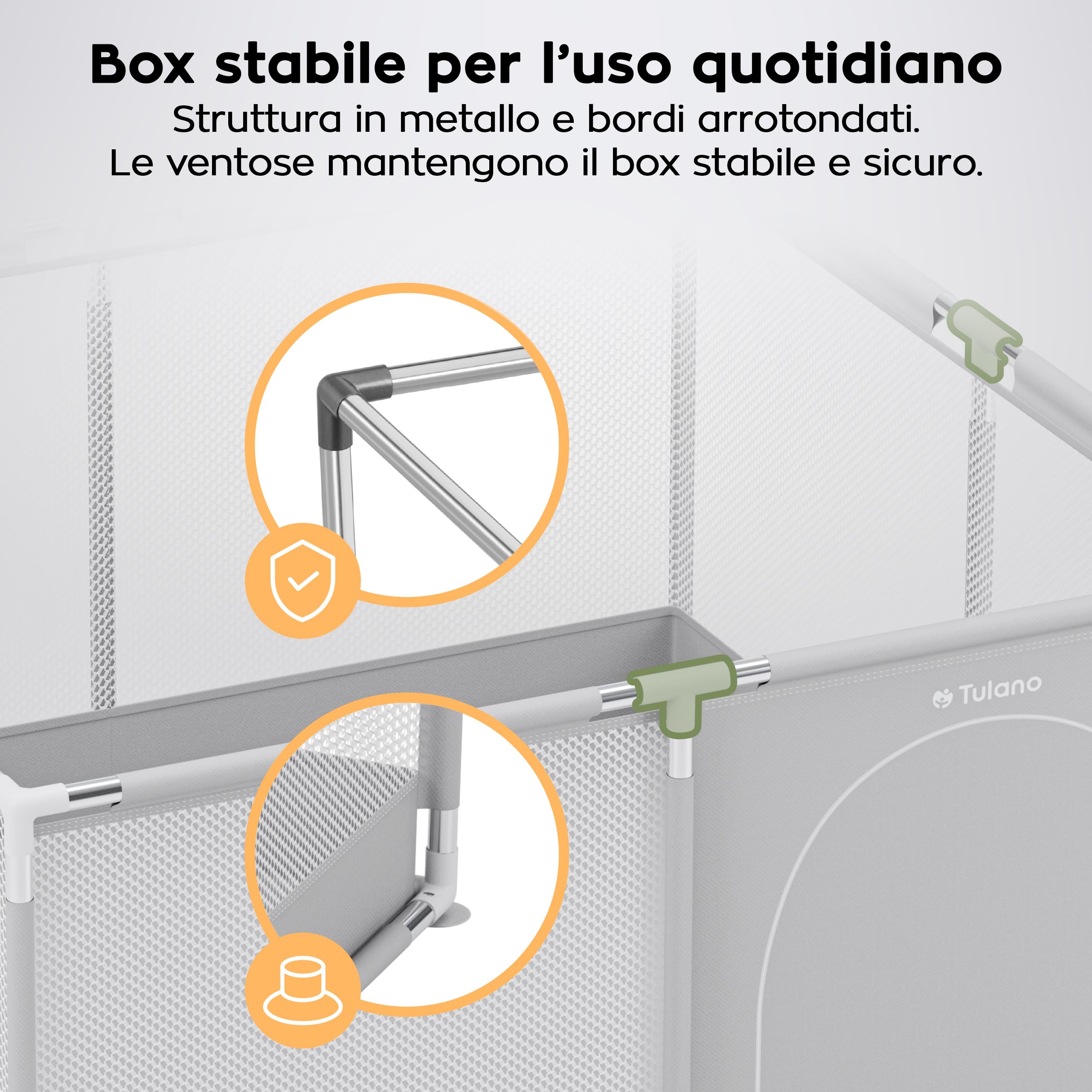 Tulano Cozy 20 Box per Bambini 130x130 cm - 6-36 mesi – Recinto Neonato con Fondo – Struttura in Metallo – Rete Traspirante – Porta con Cerniera – Borsa Inclusa – Casa e Giardino - Grigio