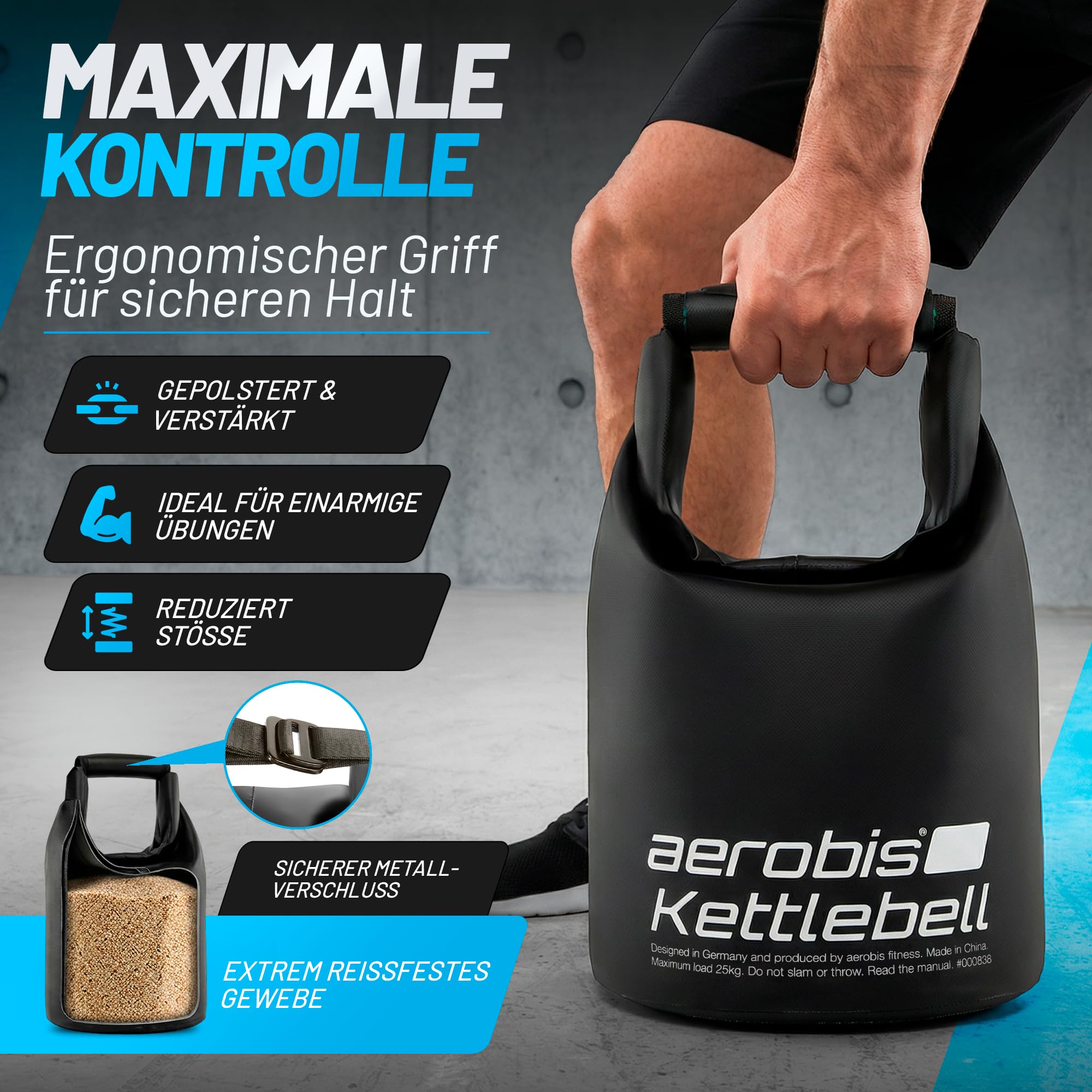 aerobis® Fitness Kettlebell, verstelbare kettlebell, 1-25 kg, variabel vulbaar met zand of staalschroot, ergonomisch, gevoerd, vloervriendelijk