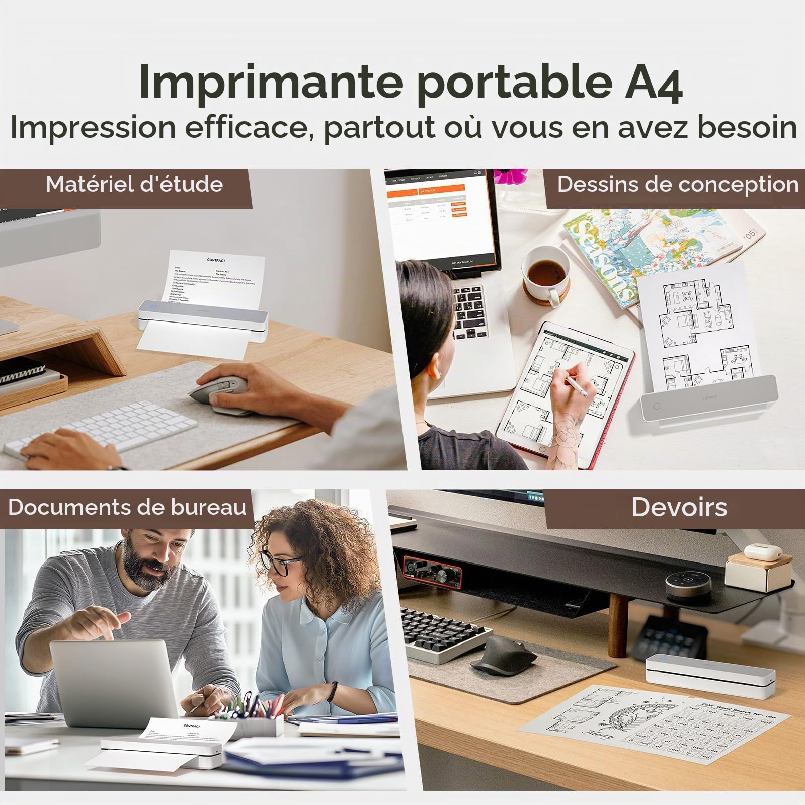 HPRT Imprimante portable sans fil pour voyage, prend en charge le papier thermique A4 et lettre américaine 8,5 x 11, 300 DPI Bluetooth sans encre, compatible avec téléphone et ordinateur portable