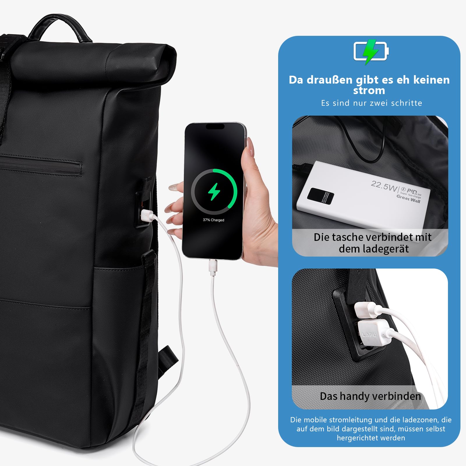 Rolltop Rucksack Damen Herren Großer Laptop Rucksack Wasserdichter mit Computerfach 16 Zoll Rucksäcke Schulrucksack Wasserfester Reiserucksack Handgepäck Flugzeug Arbeit Reisen
