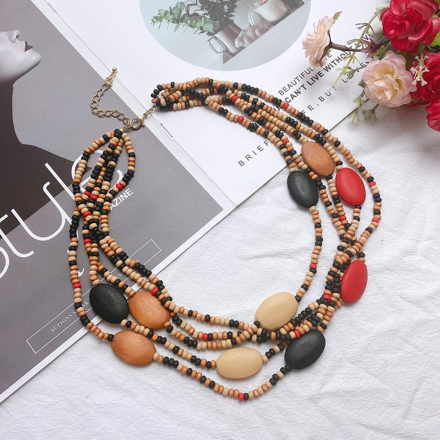 Coiris Multi Color 5 Layers Wood Beads Strand Statement Necklace for Women Chunky Collar (N0019) - Image 3