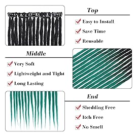 Leeven Clip In Dreadlock Extensions 24 Inch 5 PCS Ombre Green 15 Strands Synthetic Dreads Handmade Soft Loc Extensions Reggae Style Hippe Dreads for Women Men