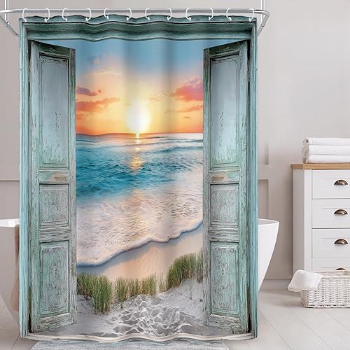 Miniatura 21 de Riyidecor - Cortina de ducha para puerta de granero con temática de playa oceánica gris para decorar el baño, 72 pulgadas de ancho x 72 pulgadas de